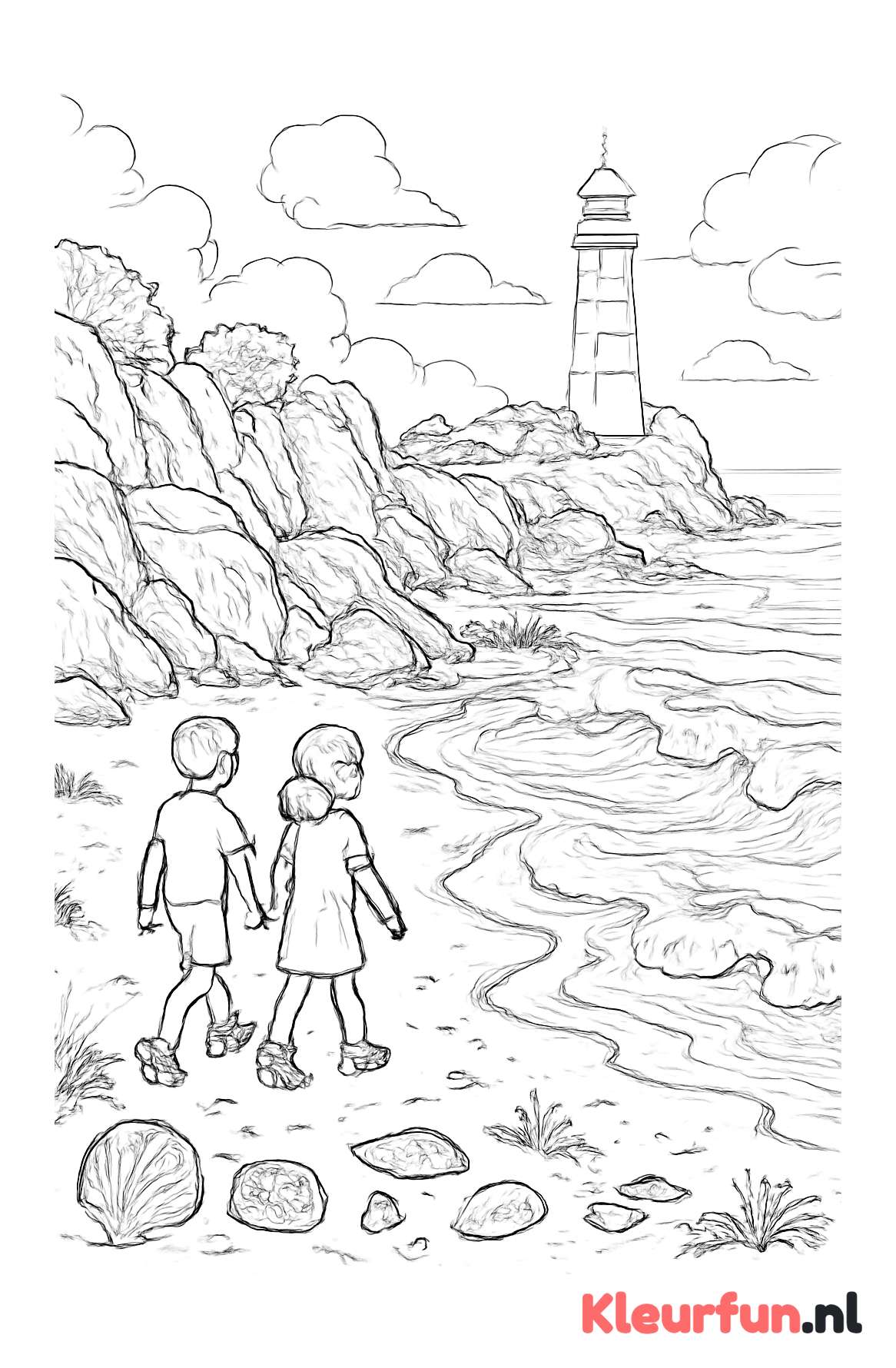 Kustlijn met vuurtoren en kinderen aan zee