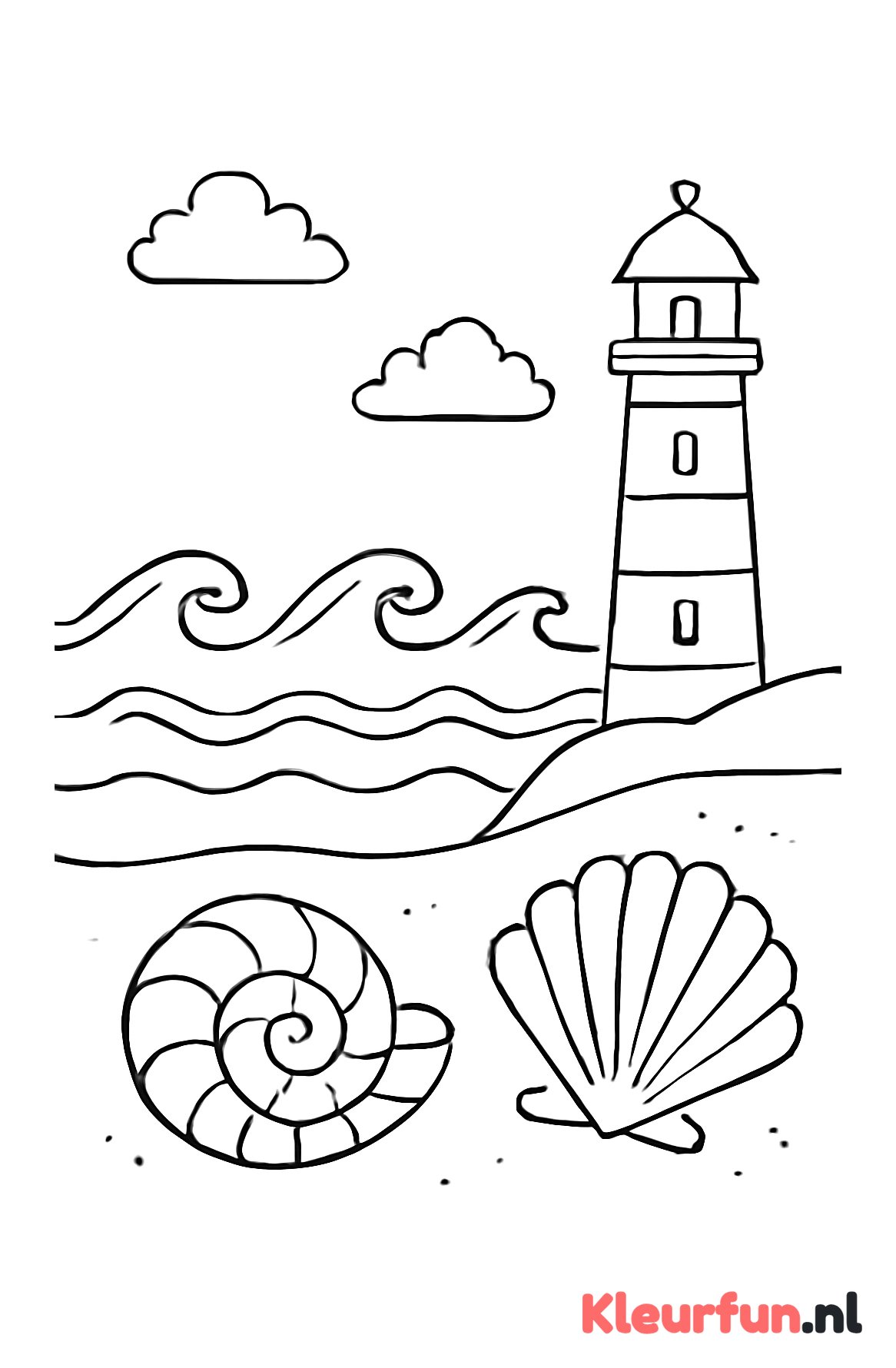 Kust met vuurtoren en schelpen