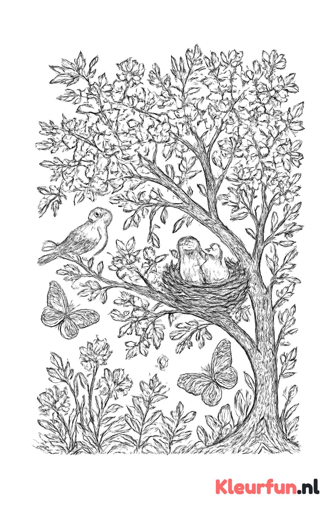 Lentebloesems met vogels en vlinders