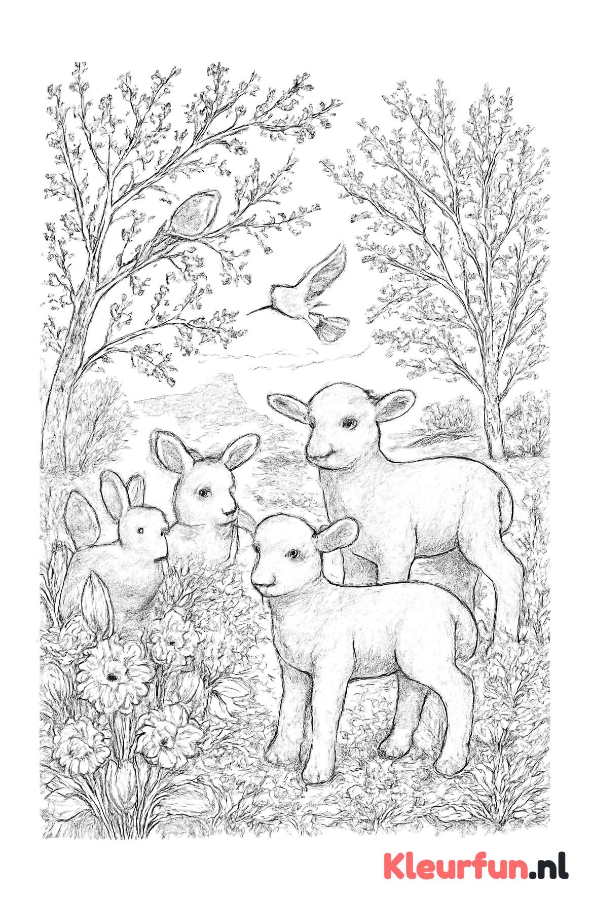 Lente dieren in bloeiend landschap