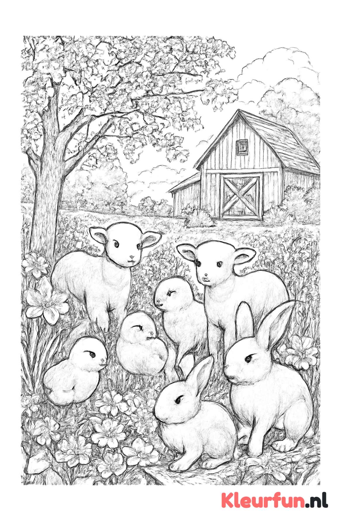 Lenteboerderij met jonge dieren en bloesems
