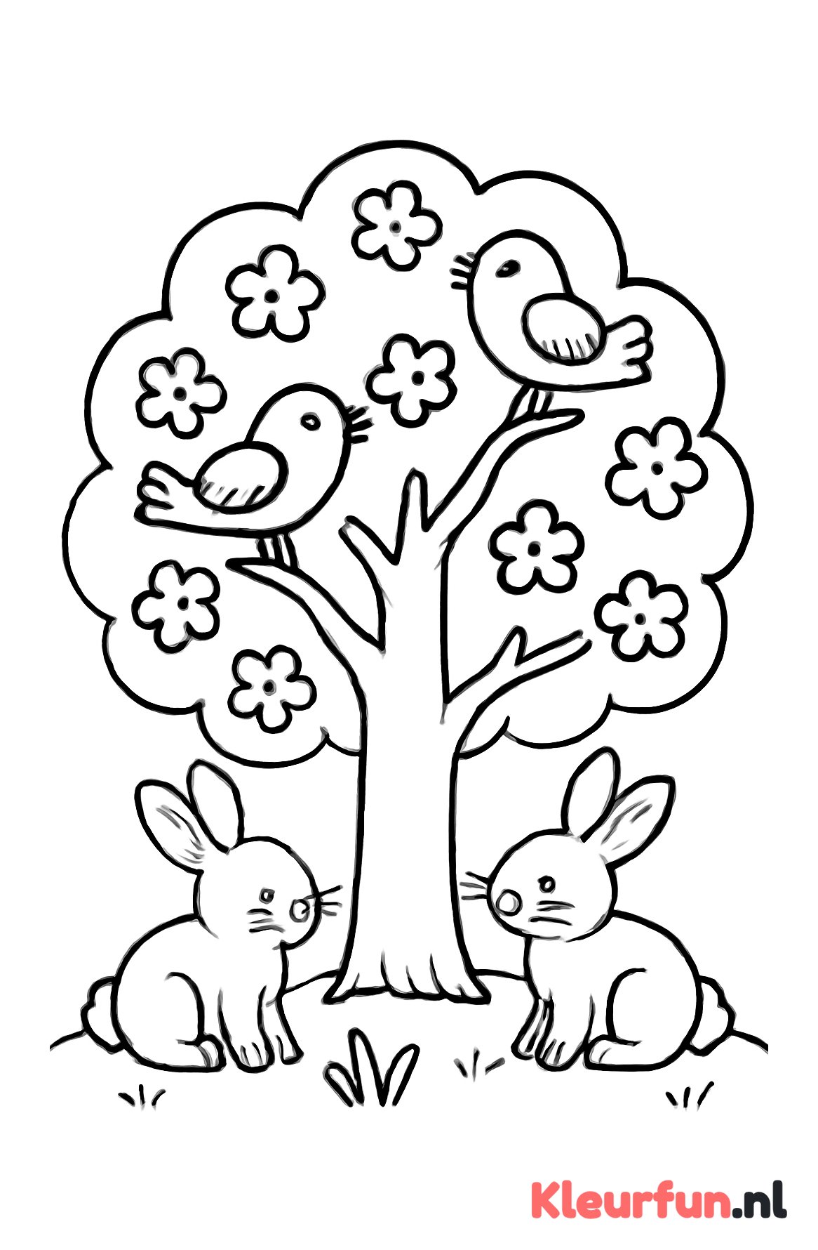 Bloeiende Lenteboom met Konijntjes en Vogels
