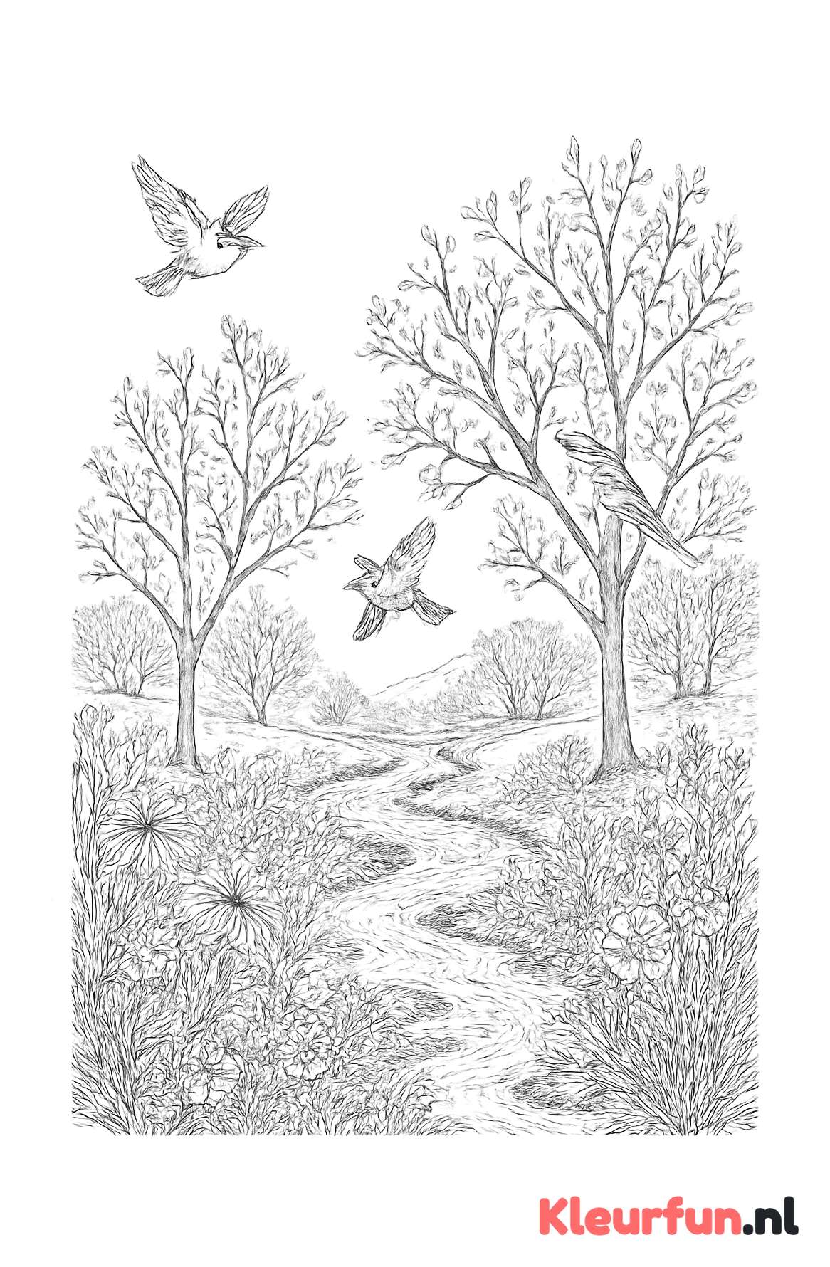 Lentelandschap met beekje en vogels