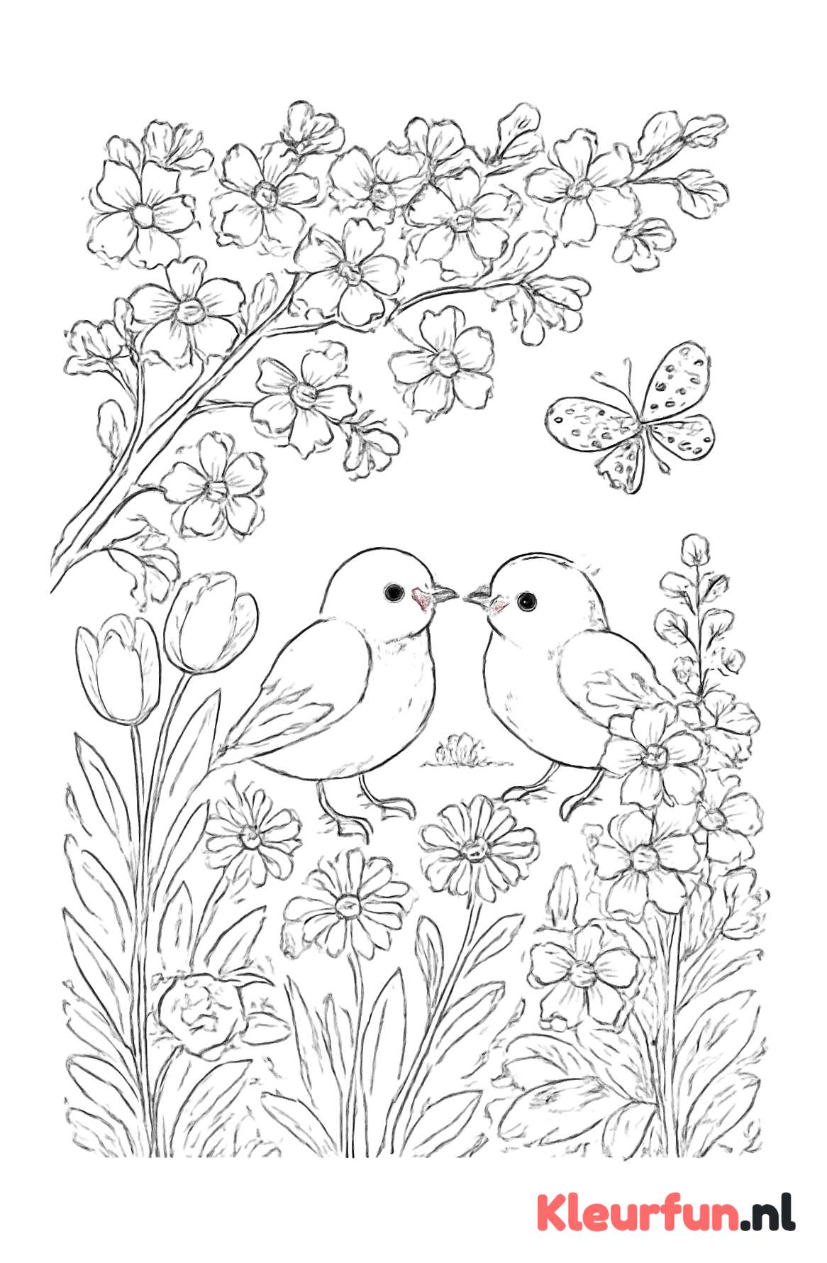 Lentetuin met Bloesems en Vogels
