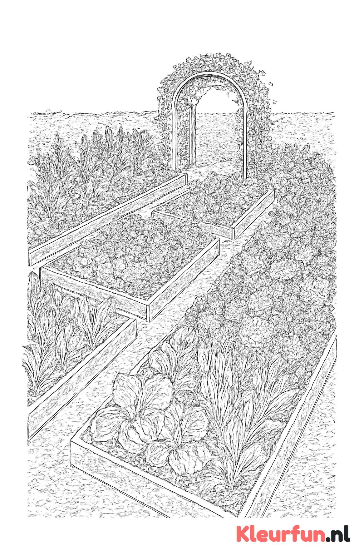 Luxe moestuin met rijtjes groenten en bloemen