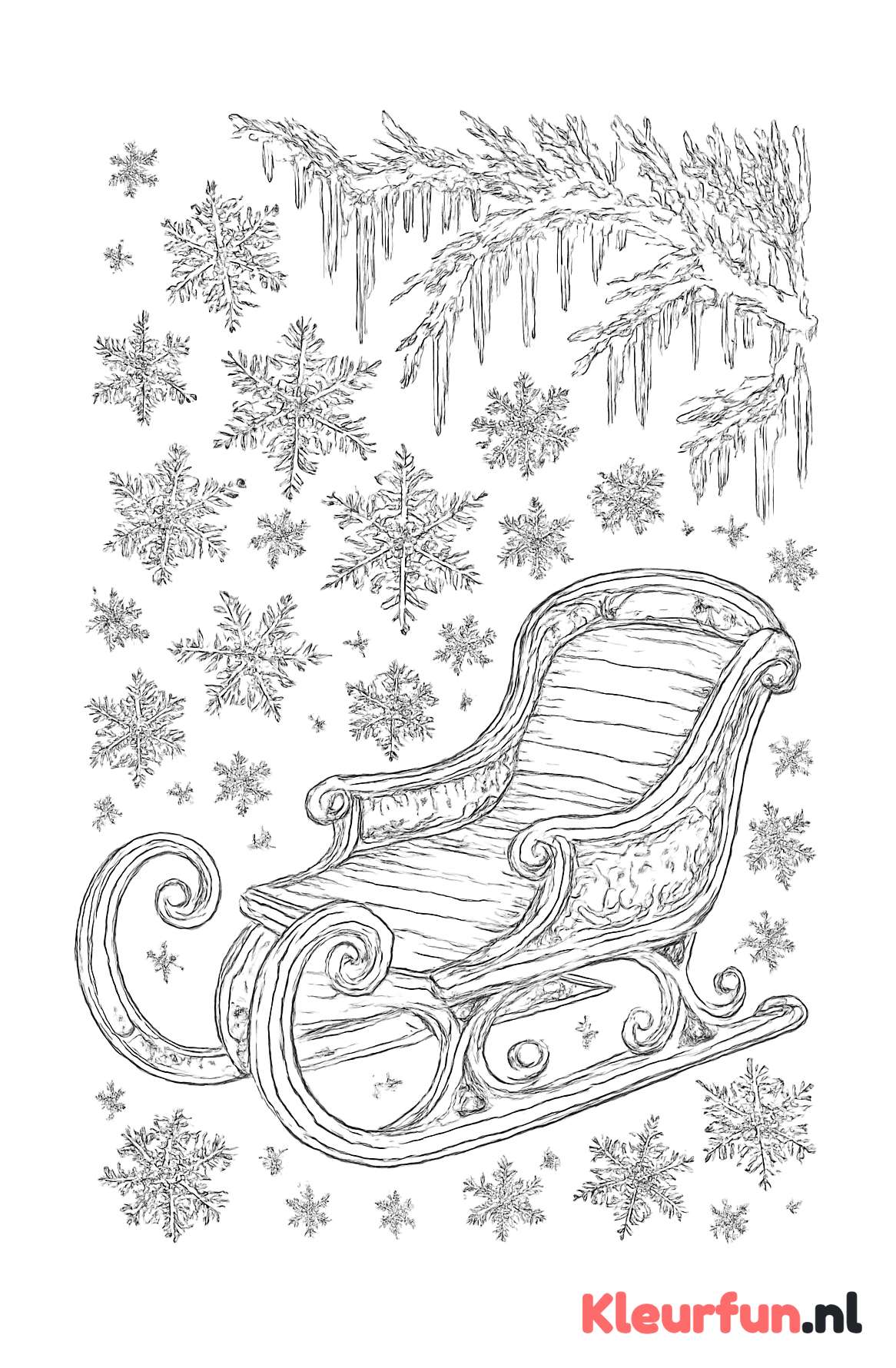 Midwintertafereel met slee en sneeuwvlokken