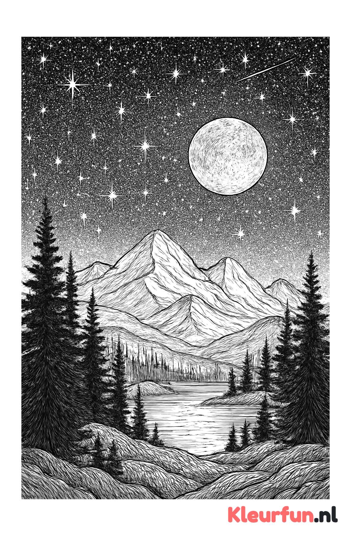 Berglandschap bij nacht met maan en sterren
