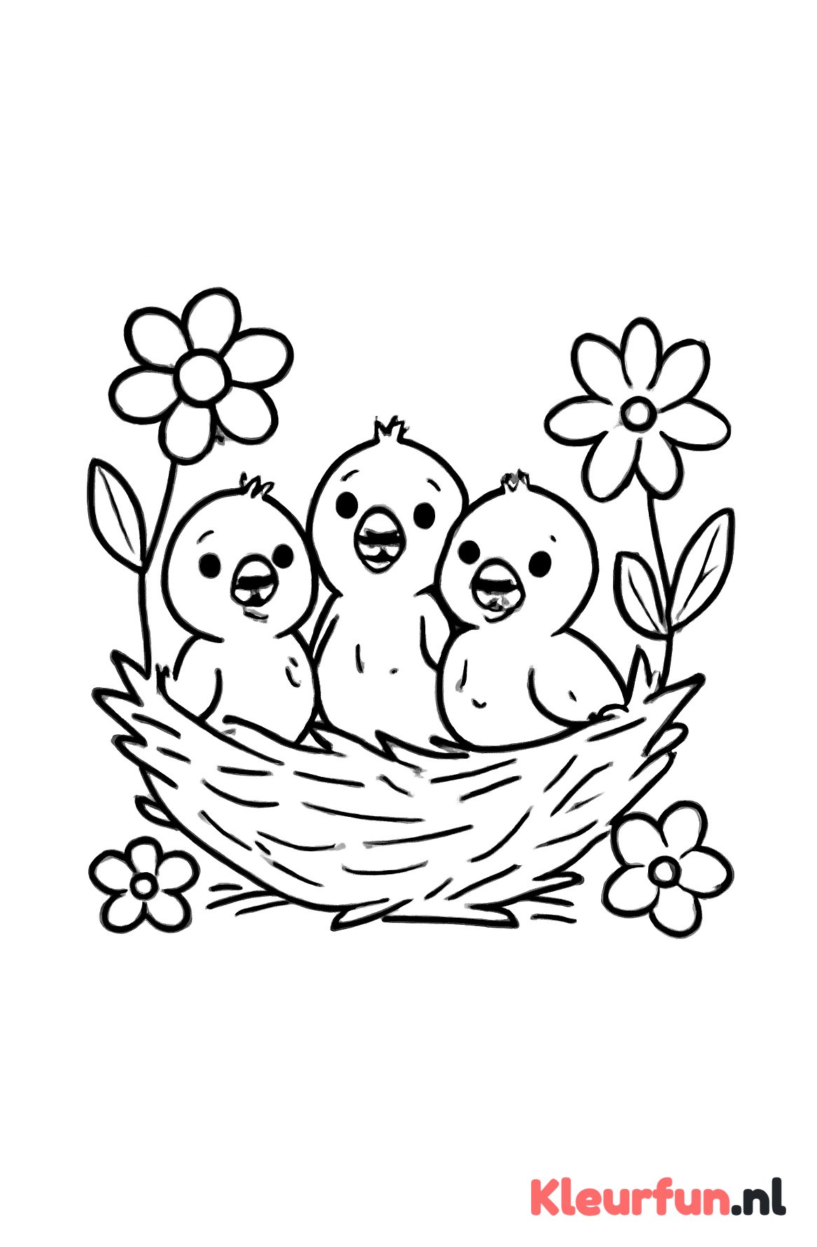 Nest met jonge vogeltjes en lentebloemen