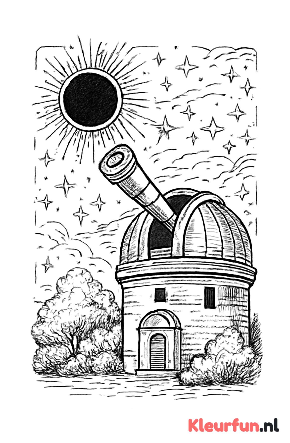 Observatorium met telescoop en zonsverduistering
