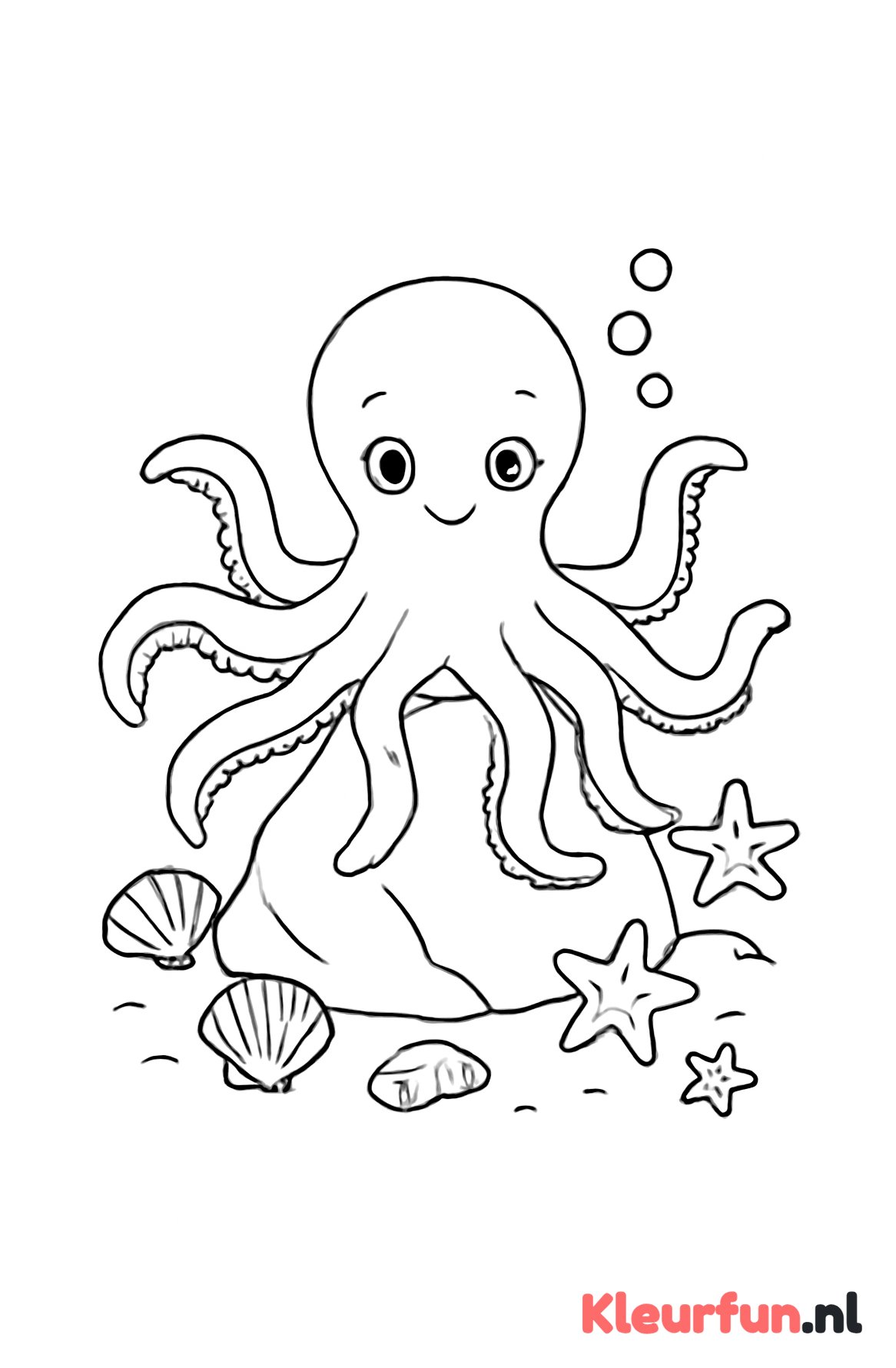 Octopus aan rots met schelpen en zeesterren