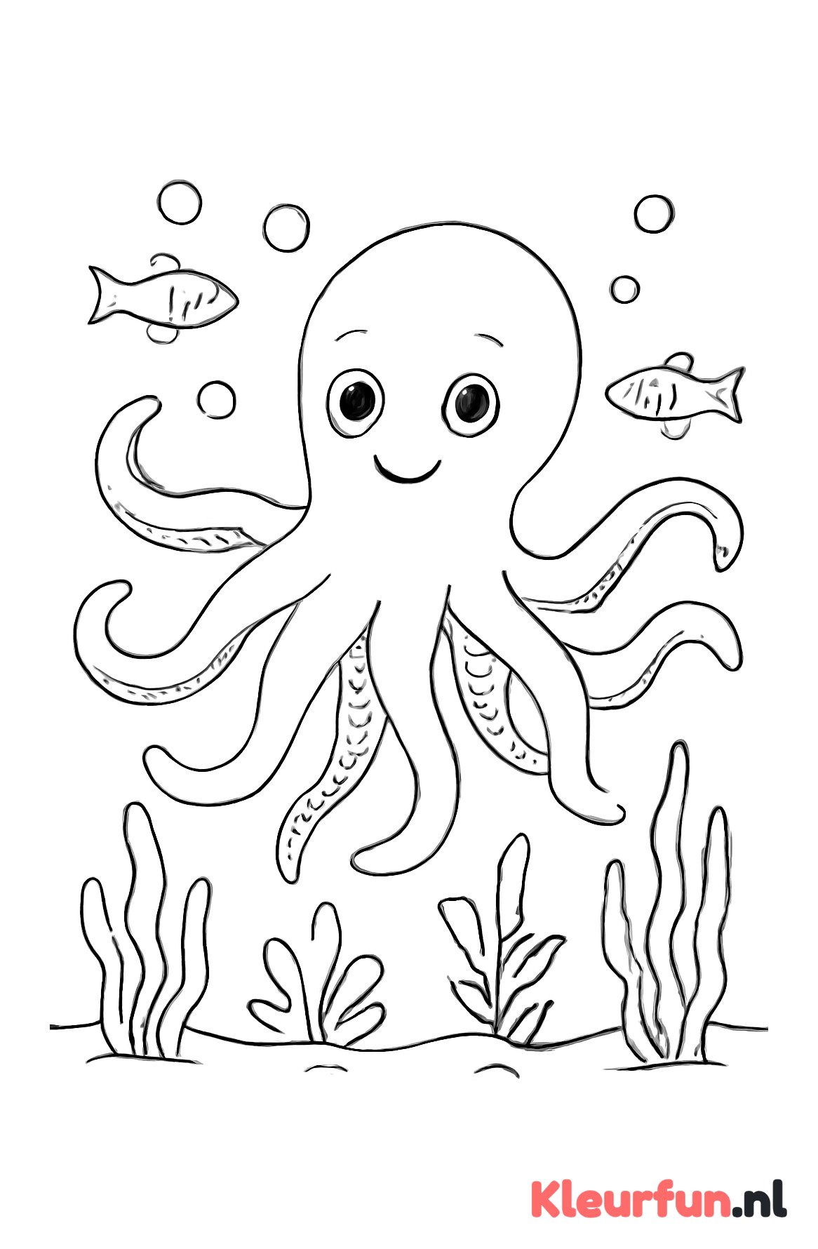 Octopus met uitgestrekte armen en vissen