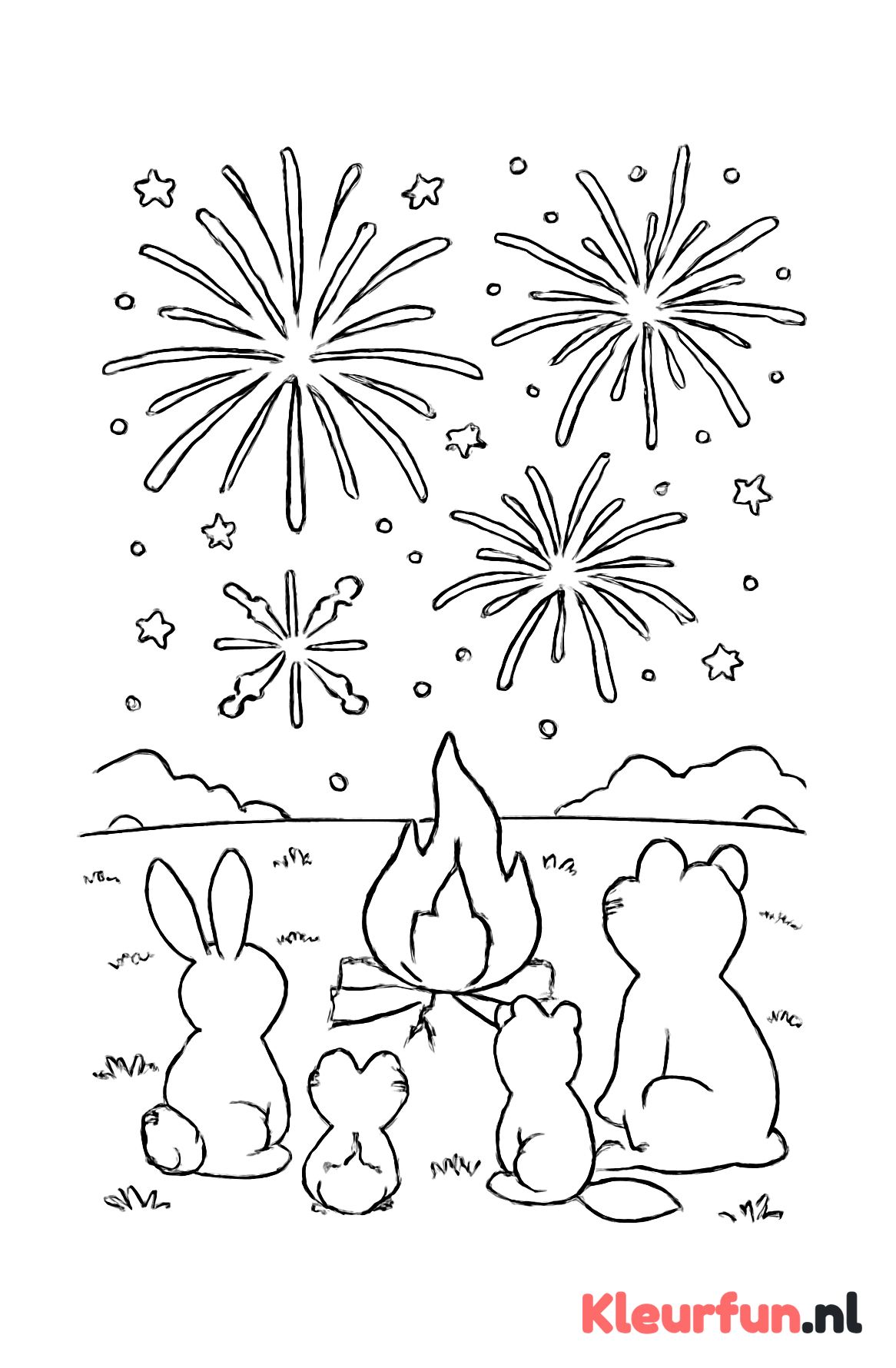 Open veld met kampvuur en vuurwerk