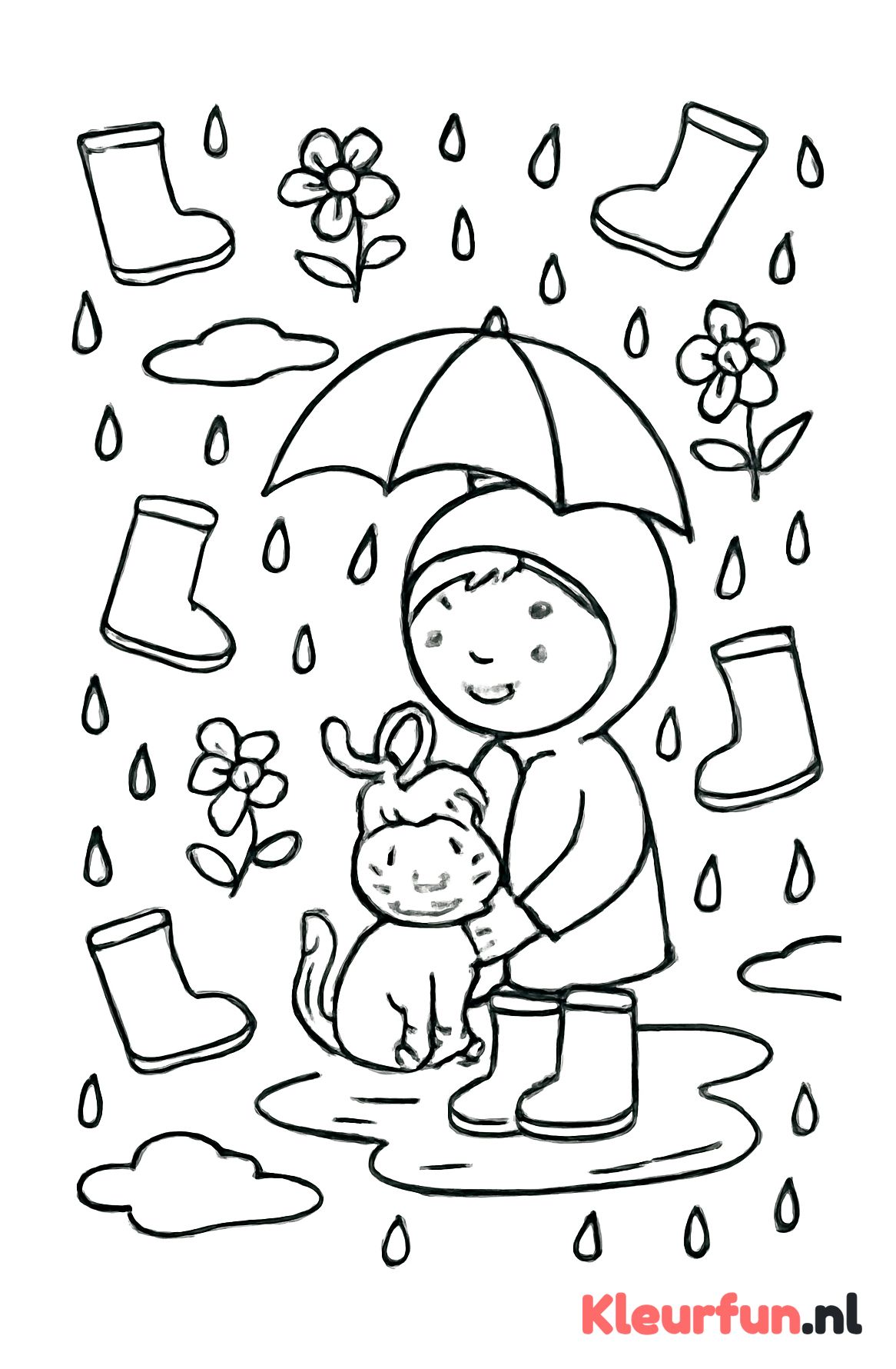 Patroon met regenlaarzen en kind met paraplu