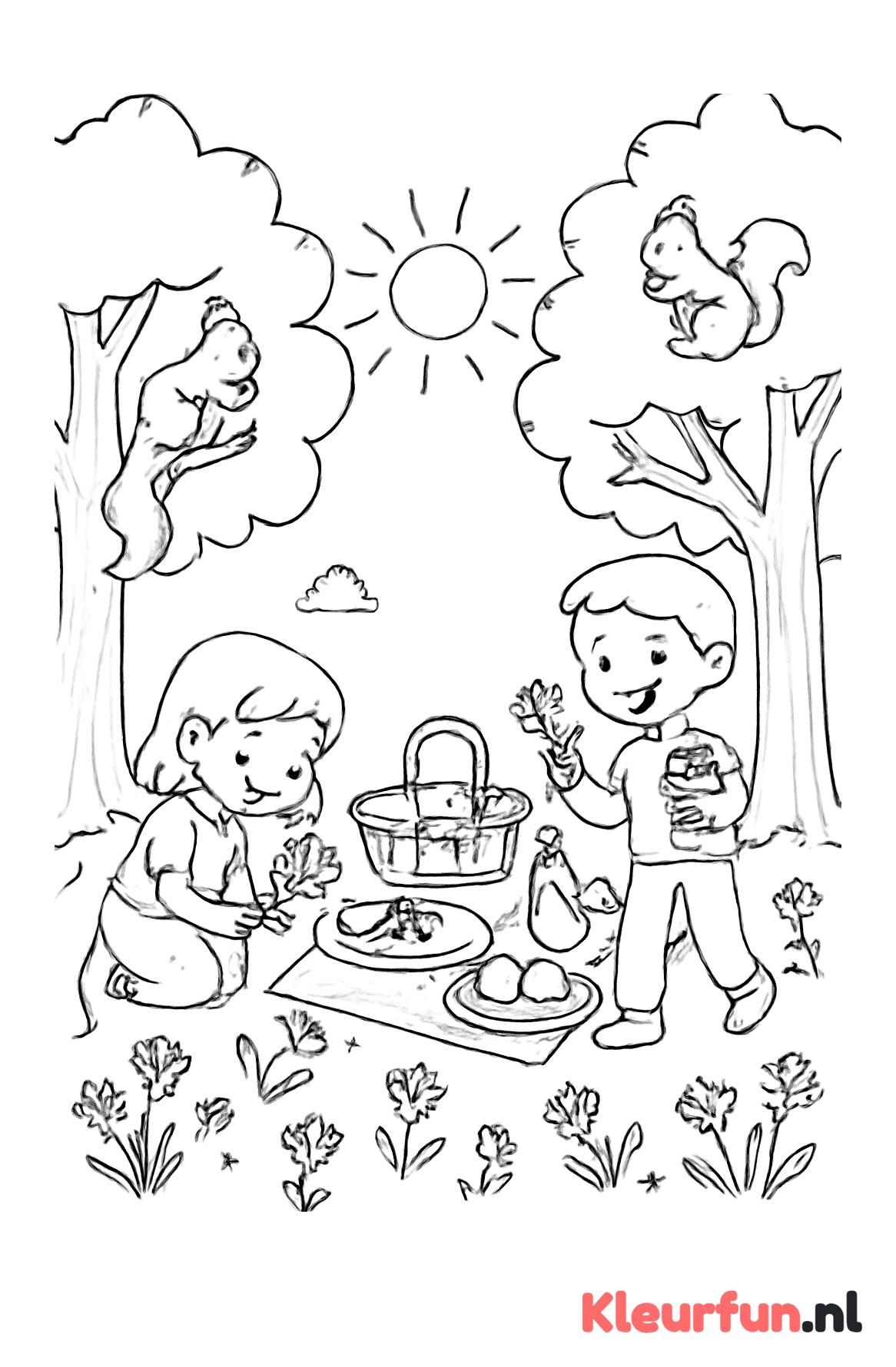 Picknick met bloemen en eekhoorns