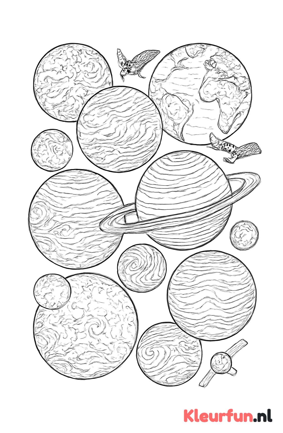 Planeten met oppervlaktestructuren en satellieten