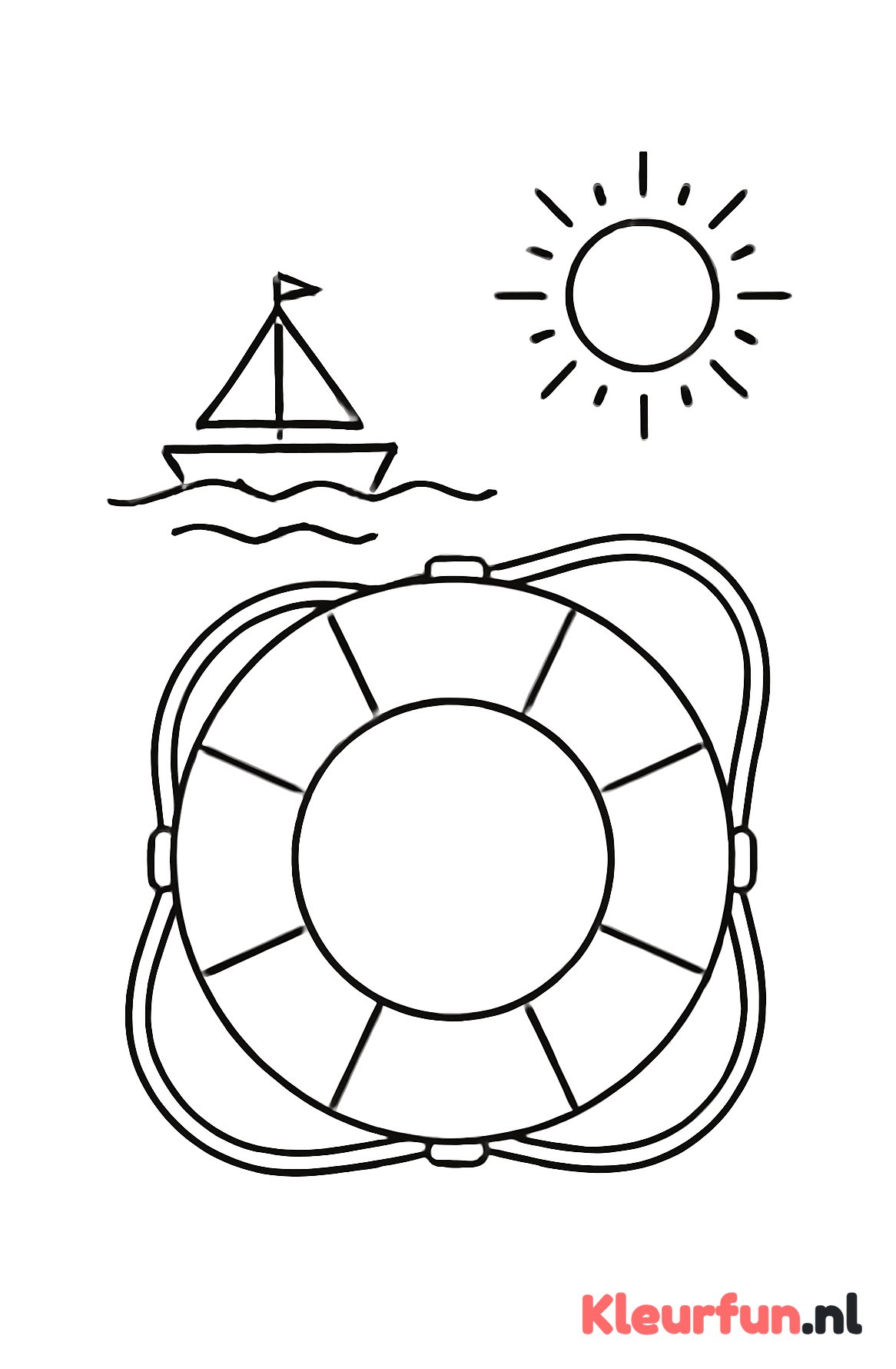 Reddingsboei, boot en zon op het strand