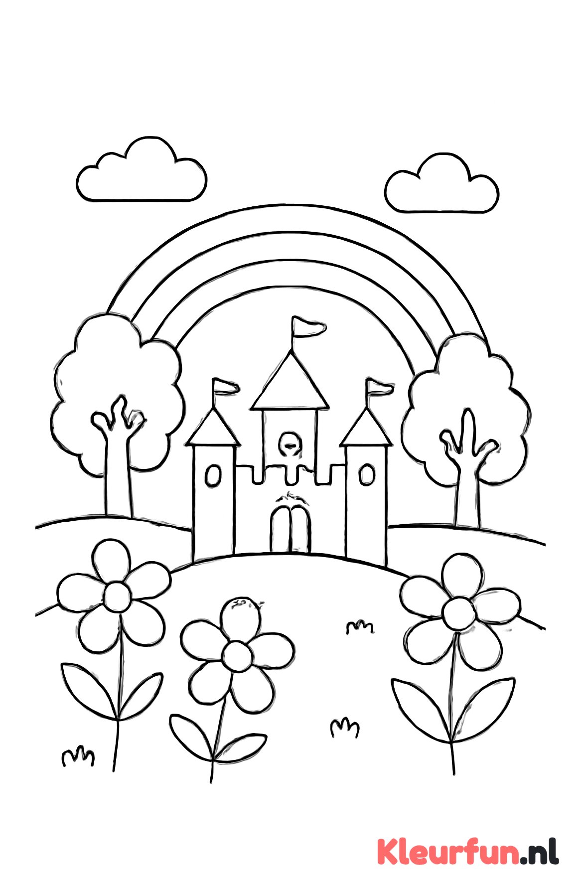 Regenboog over kasteel met bloemen