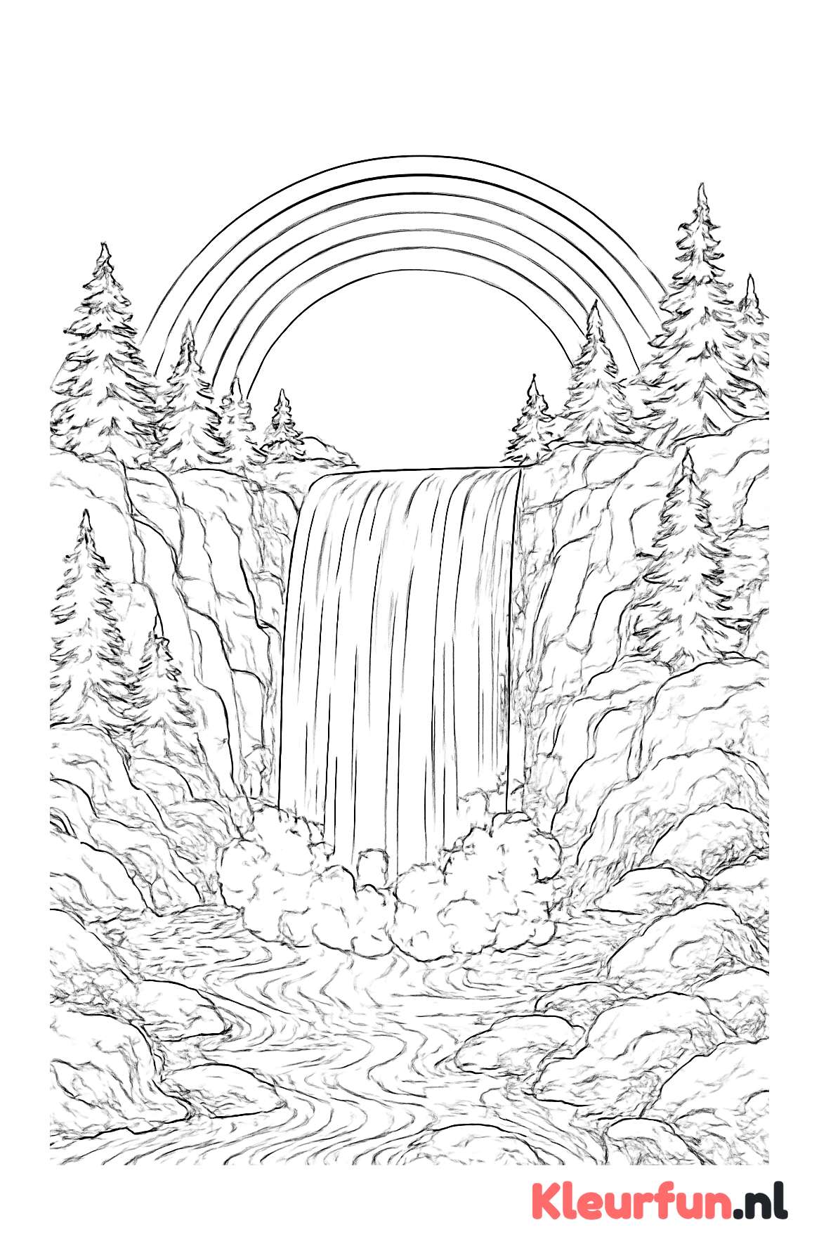 Regenboog boven waterval met natuurdetails