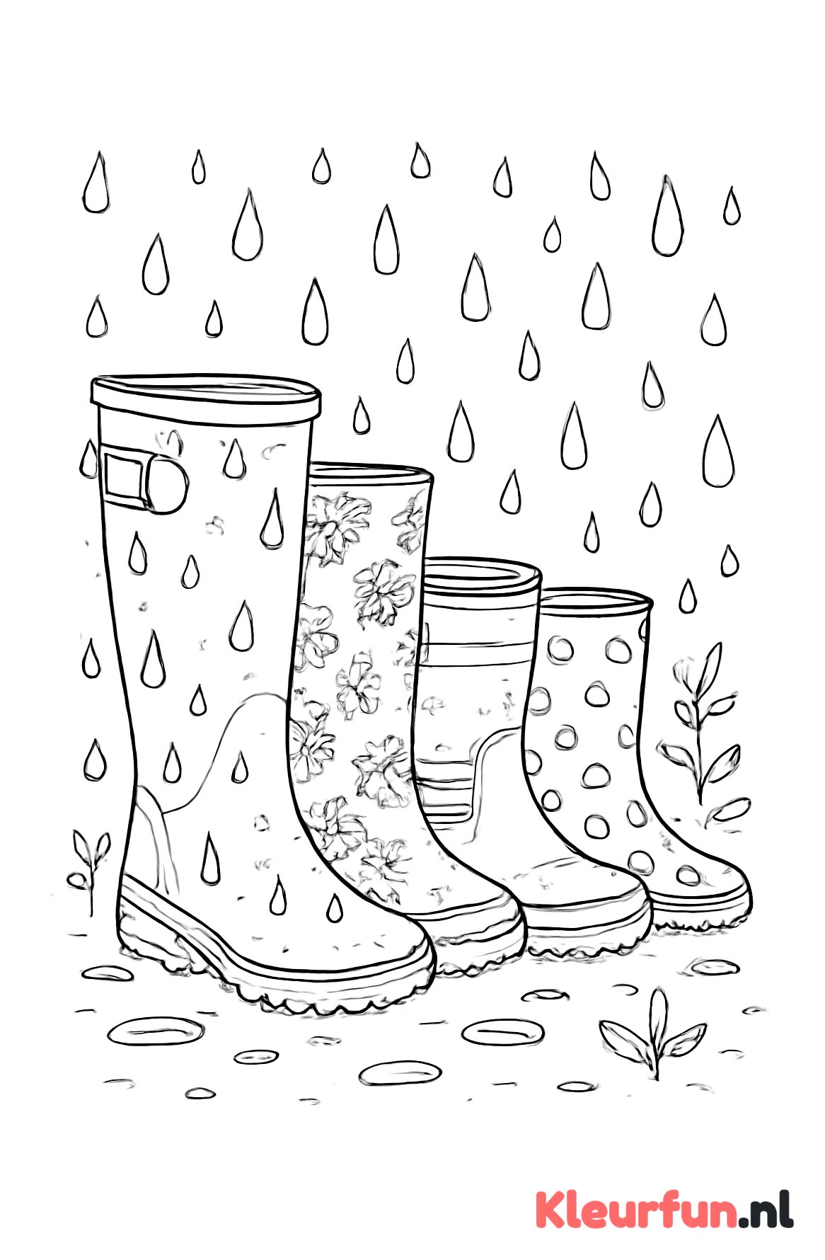 Rij met verschillende regenlaarzen en druppels