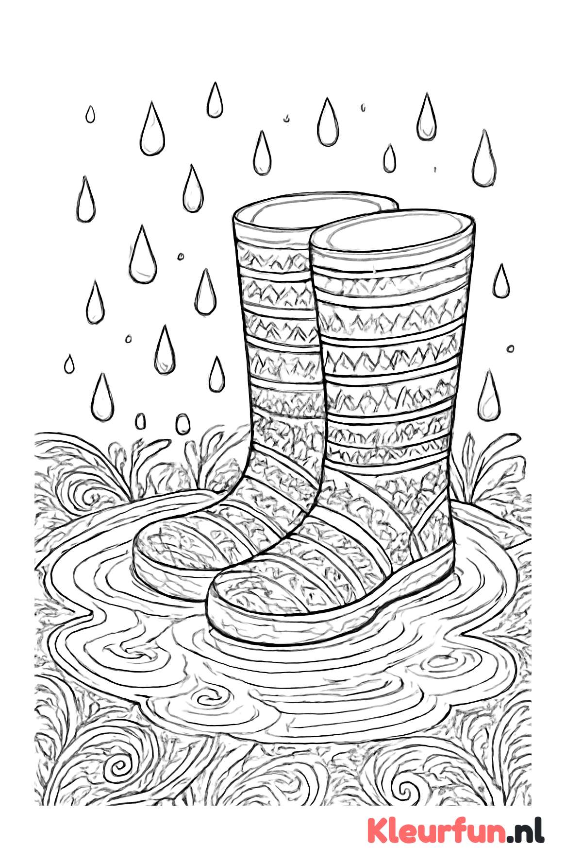 Speels tafereel met regenlaarzen in plas water