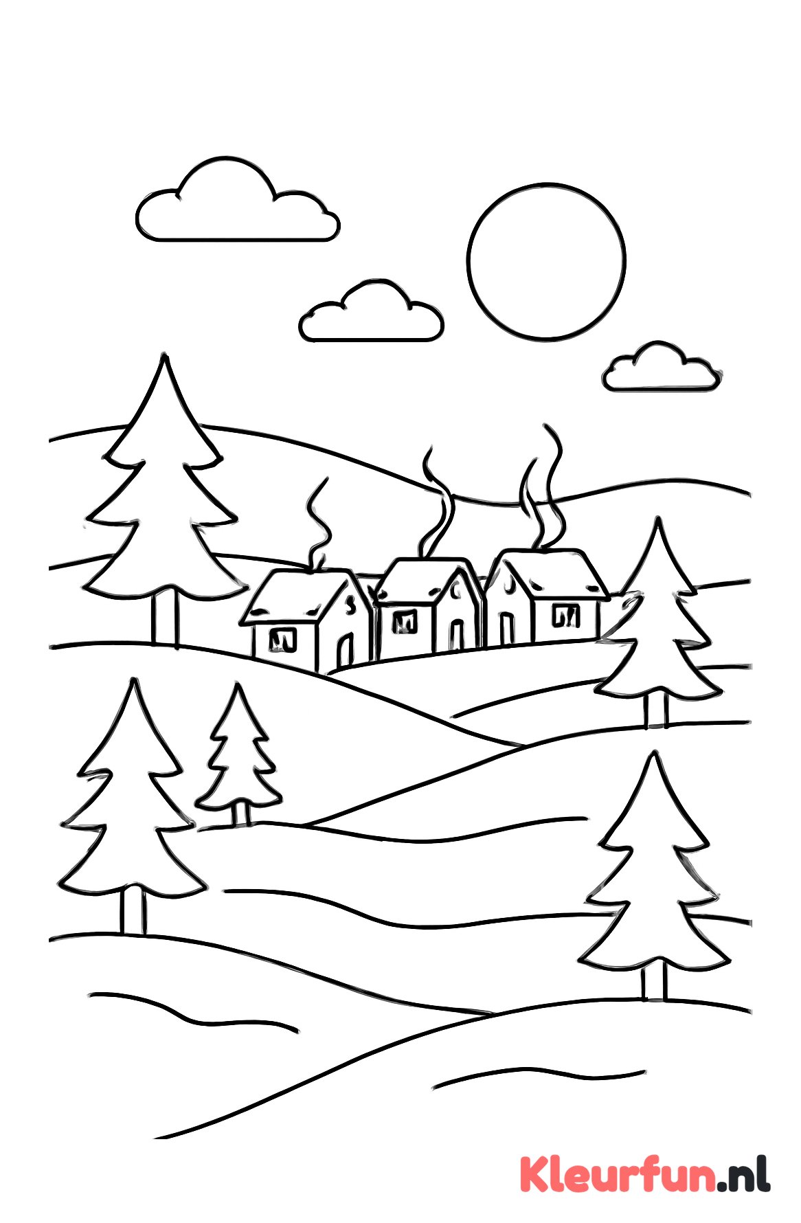 Rustig winterlandschap met huisjes en bomen