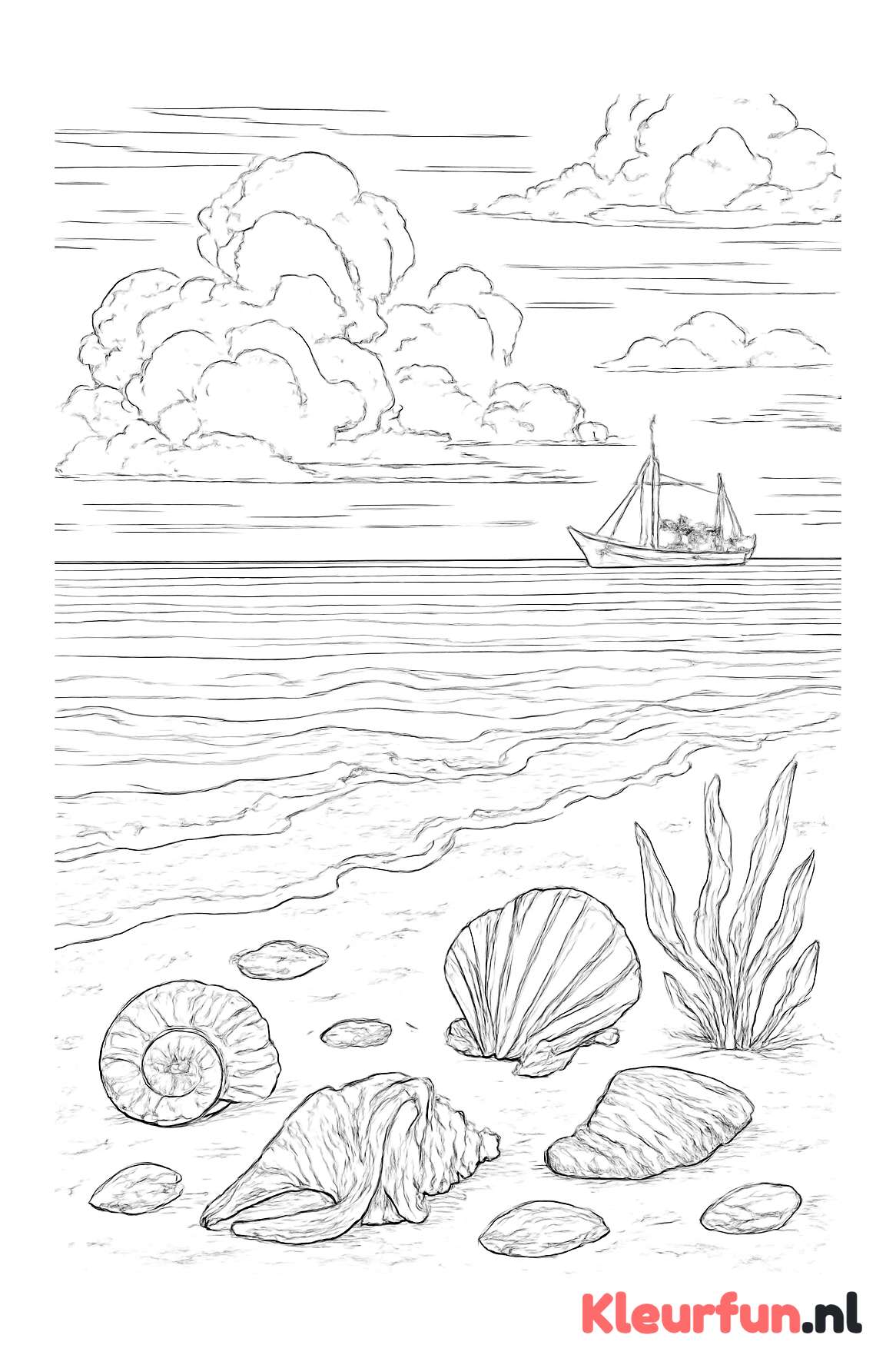 Rustig zomerstrand met schelpen en vissersboot