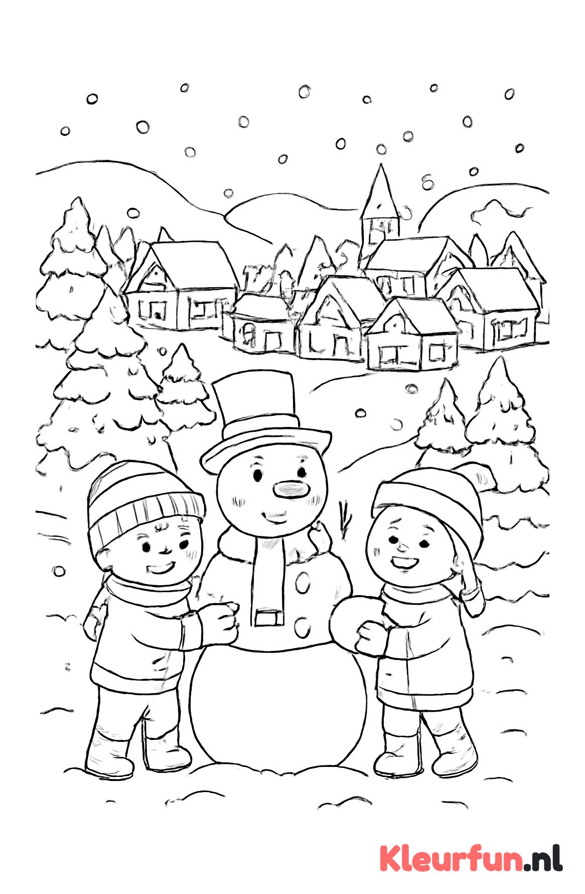 Sneeuwdorp en besneeuwde bomen