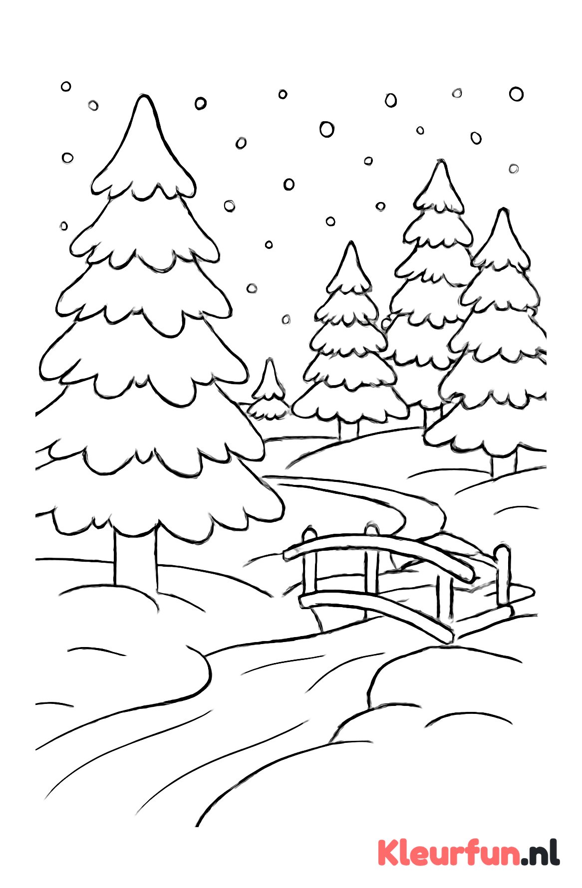 Sneeuwlandschap met dennenbomen en brug