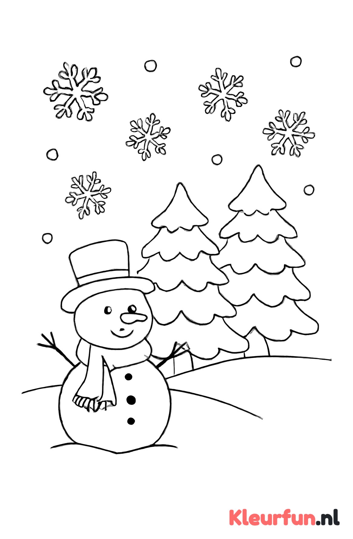 Sneeuwpop en besneeuwde bomen