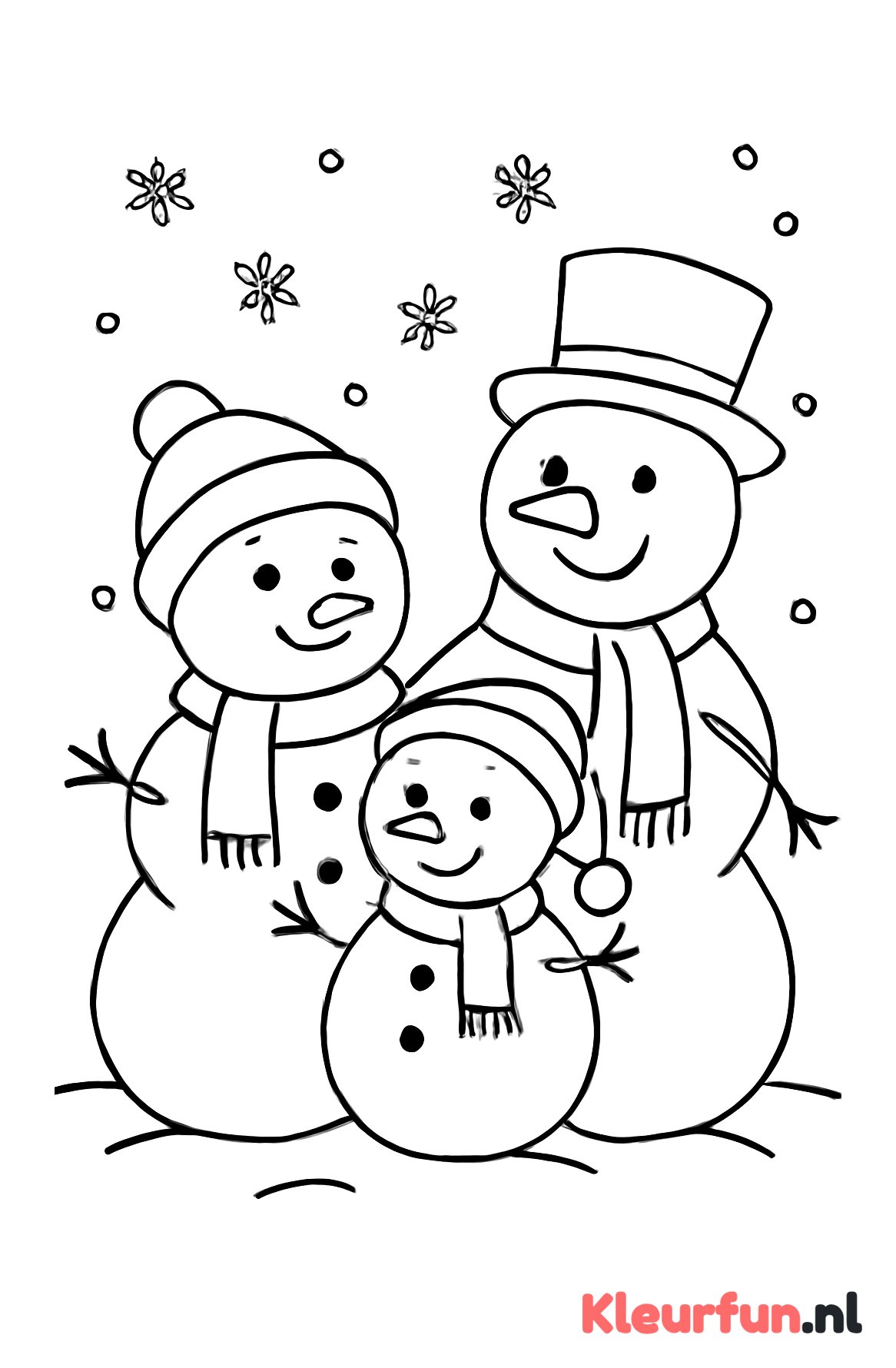 Sneeuwpopfamilie met mutsen en vallende sneeuw
