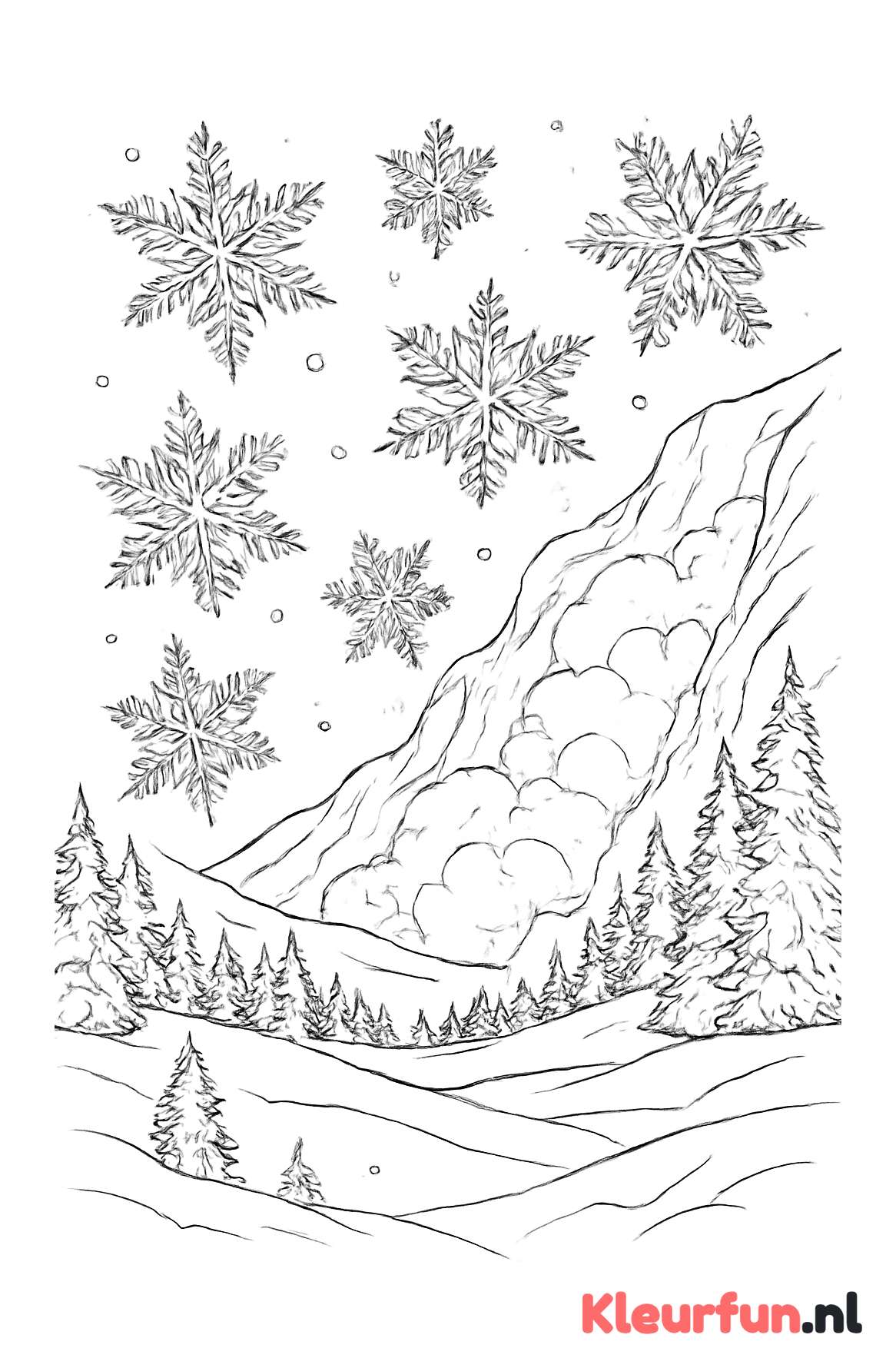 Sneeuwvlokken en lawine in het winterlandschap