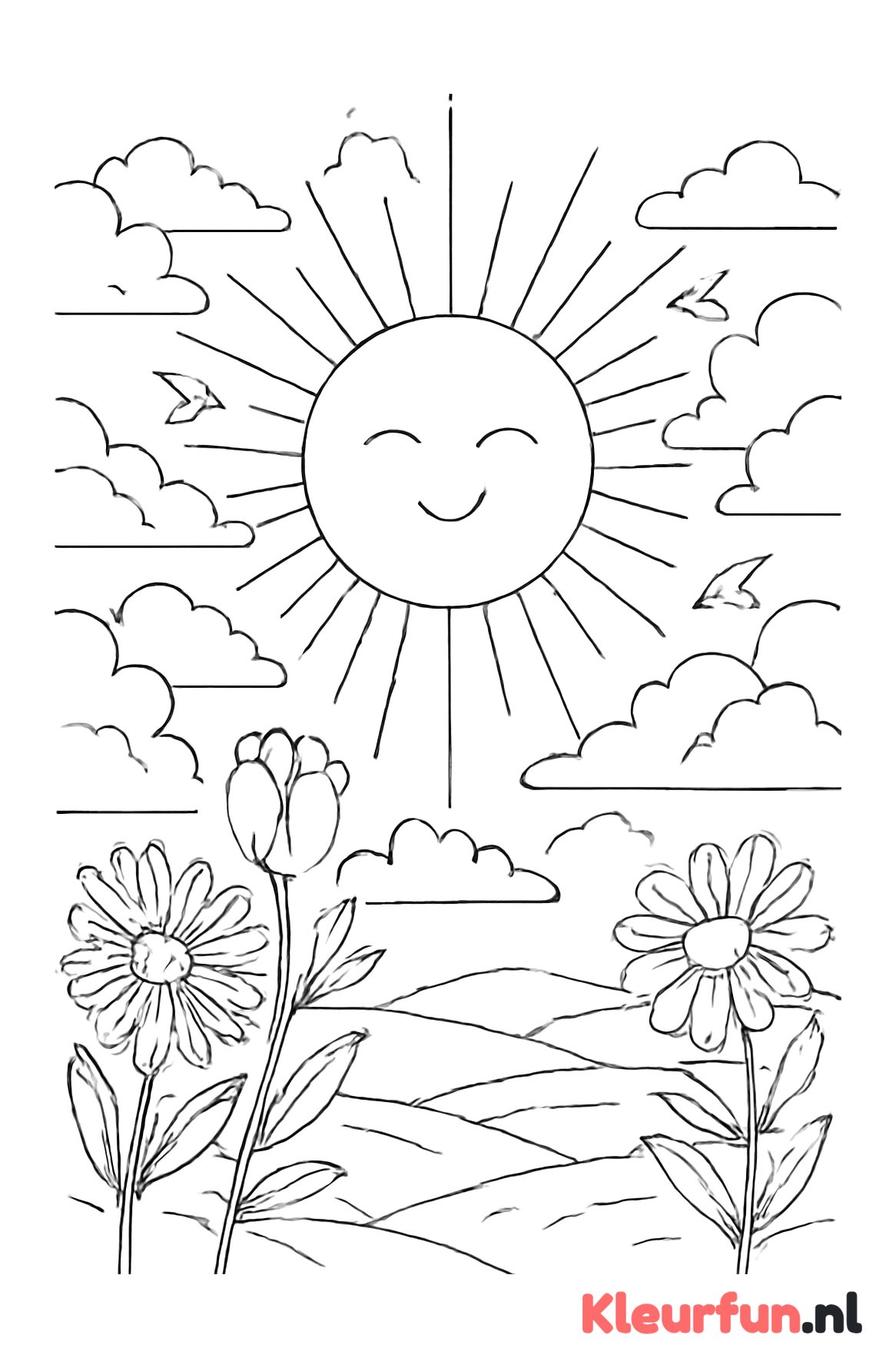 Stralende zon met wolken en vogels