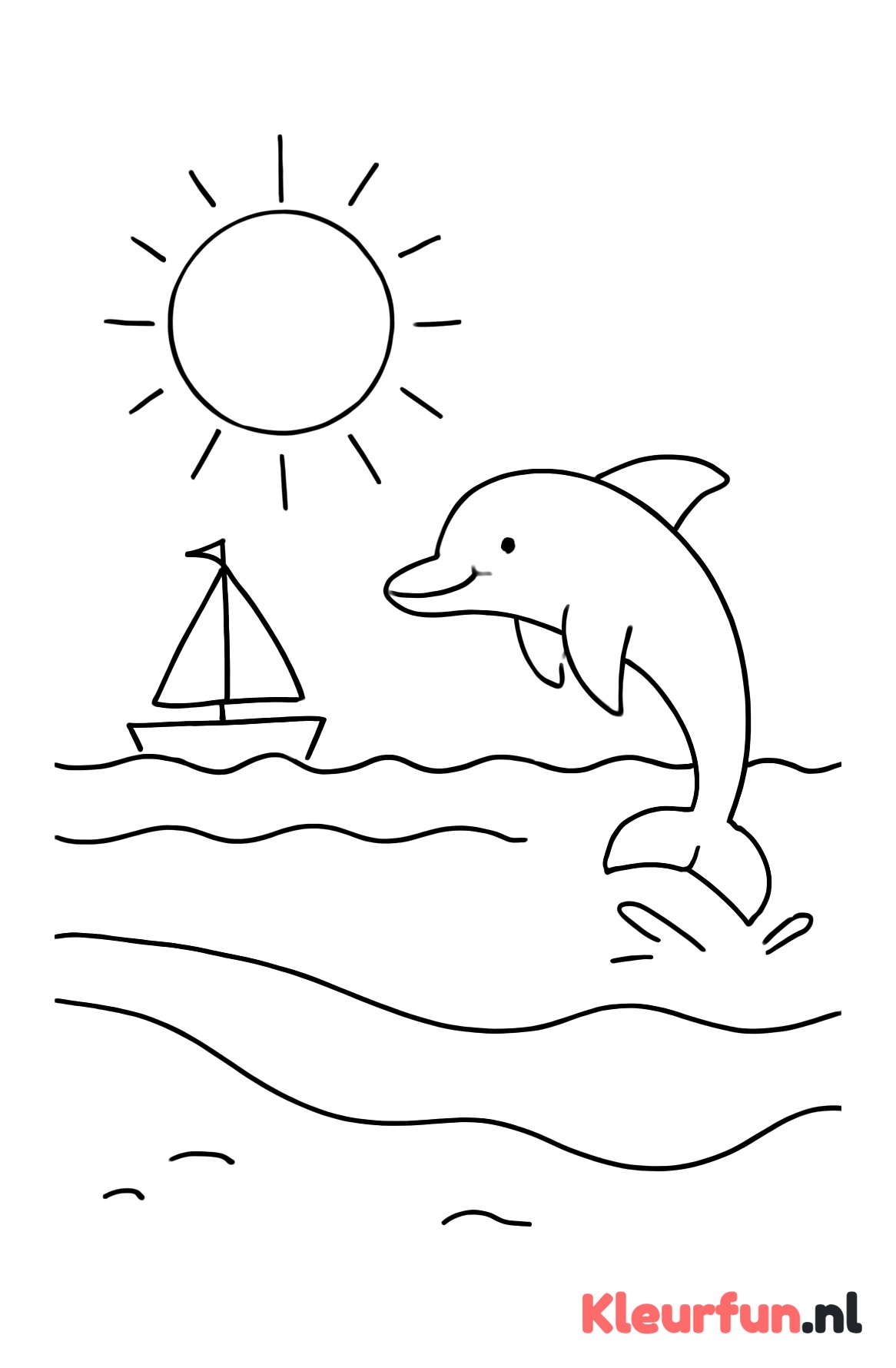 Bootje en dolfijn op het strand