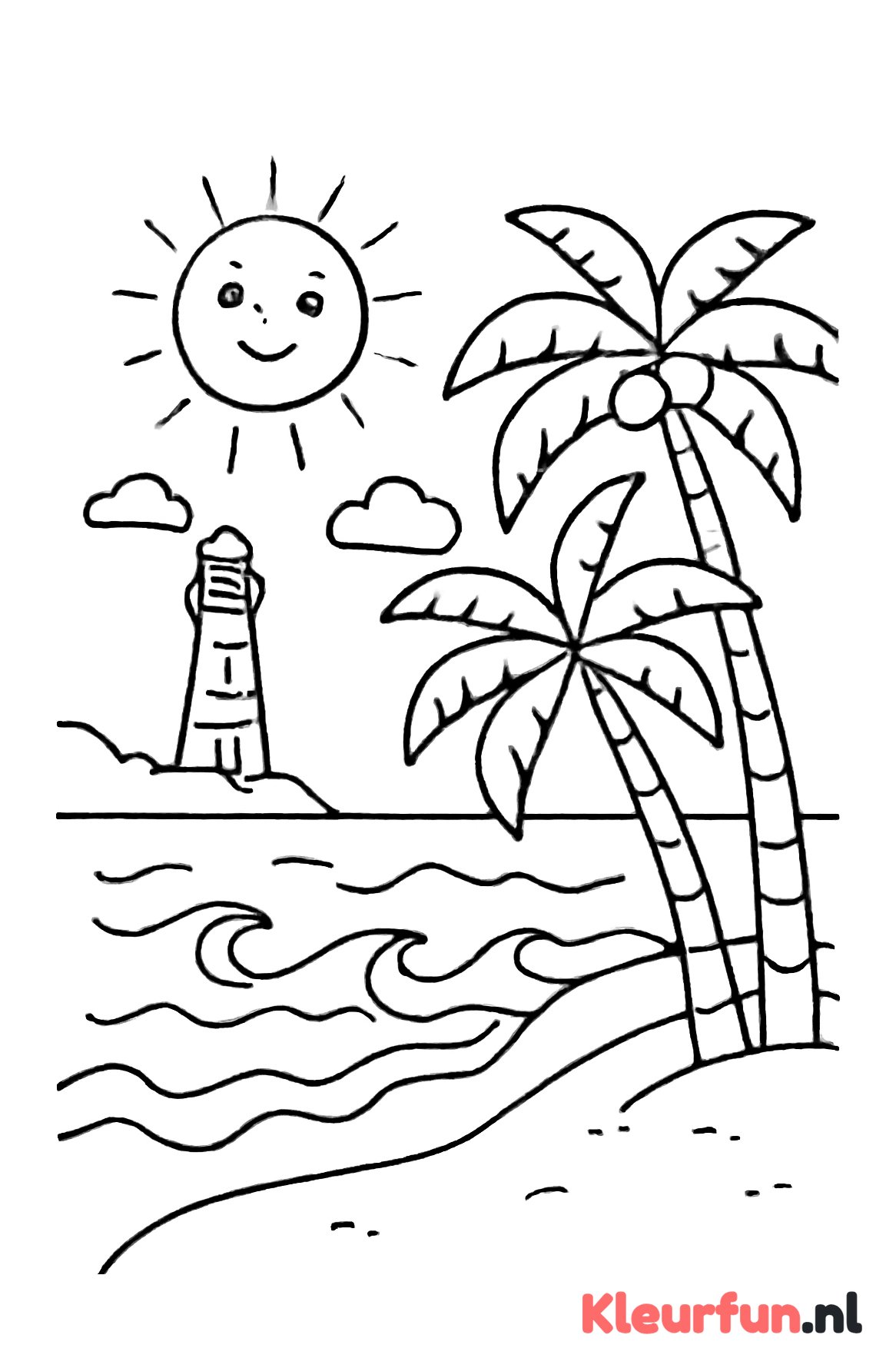 Strand met vuurtoren en palmbomen