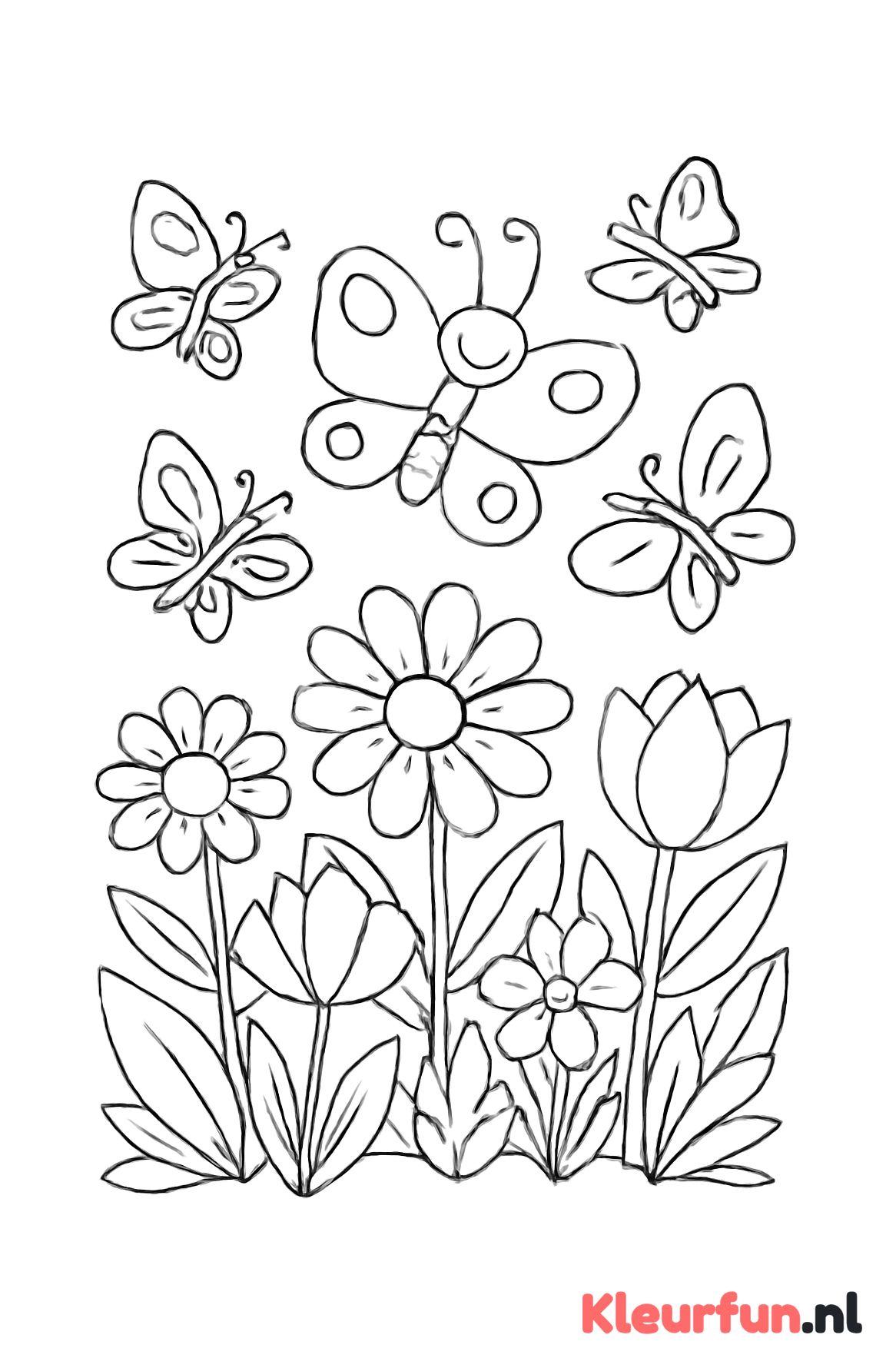 Tuin met grote bloemen en vlinders