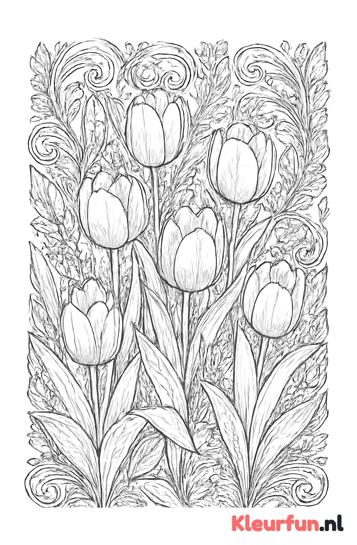 Tuin vol tulpen en sierlijke krullen