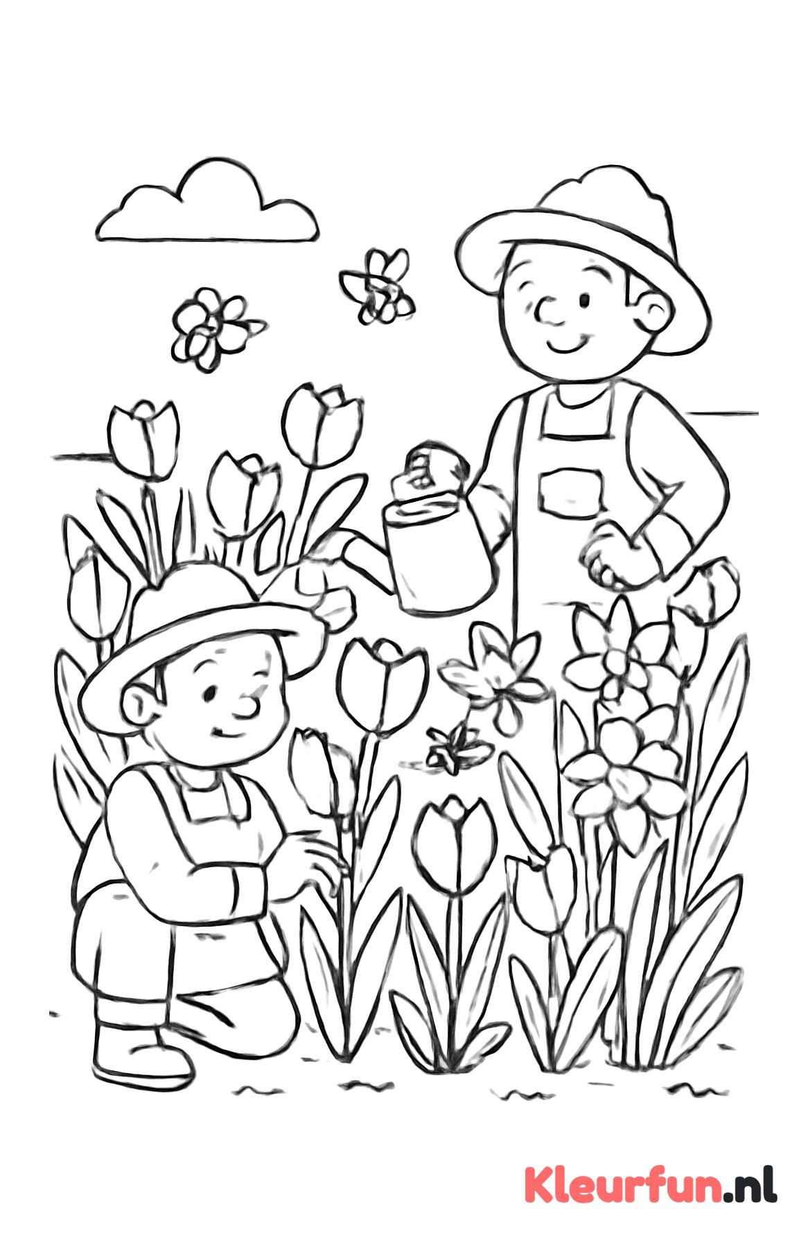 Tuin met tulpen, narcissen en bijen