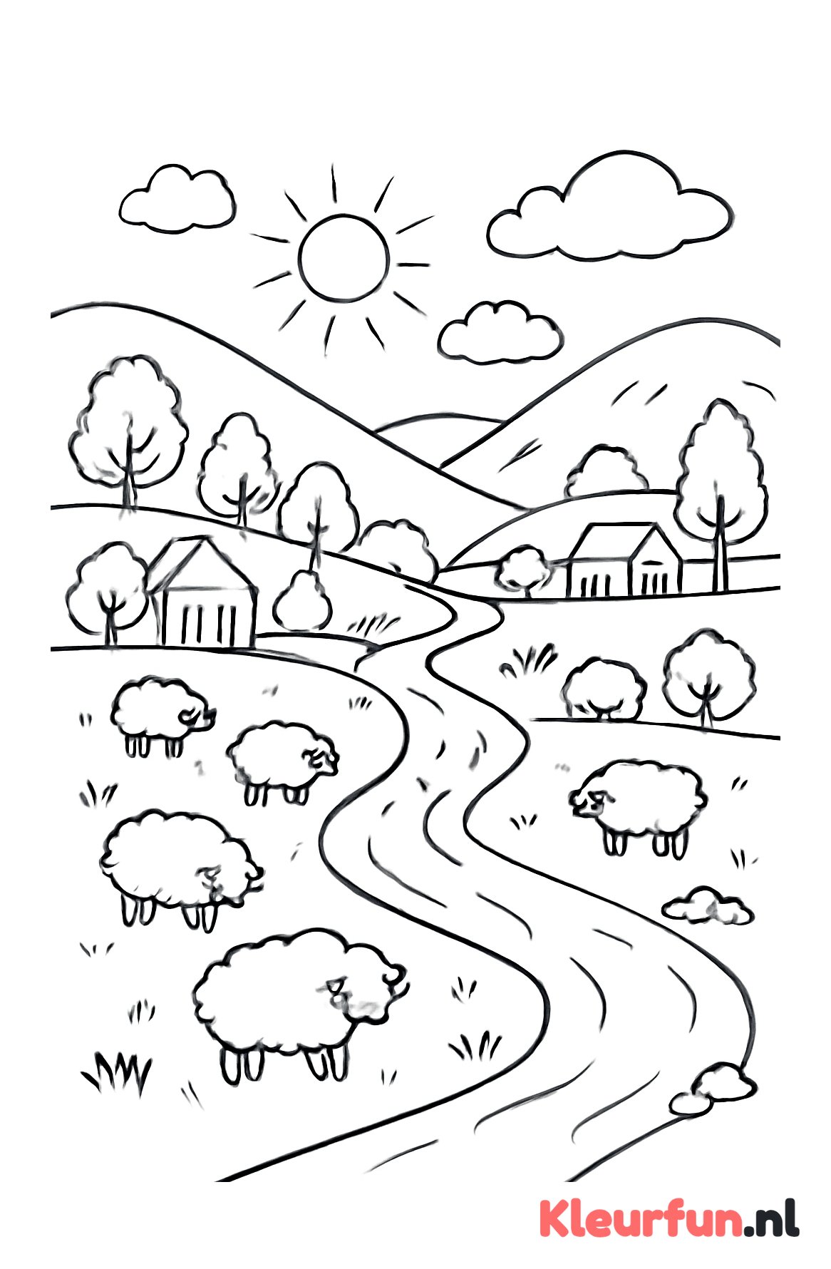 Verborgen valleilandschap met rivier en huisjes