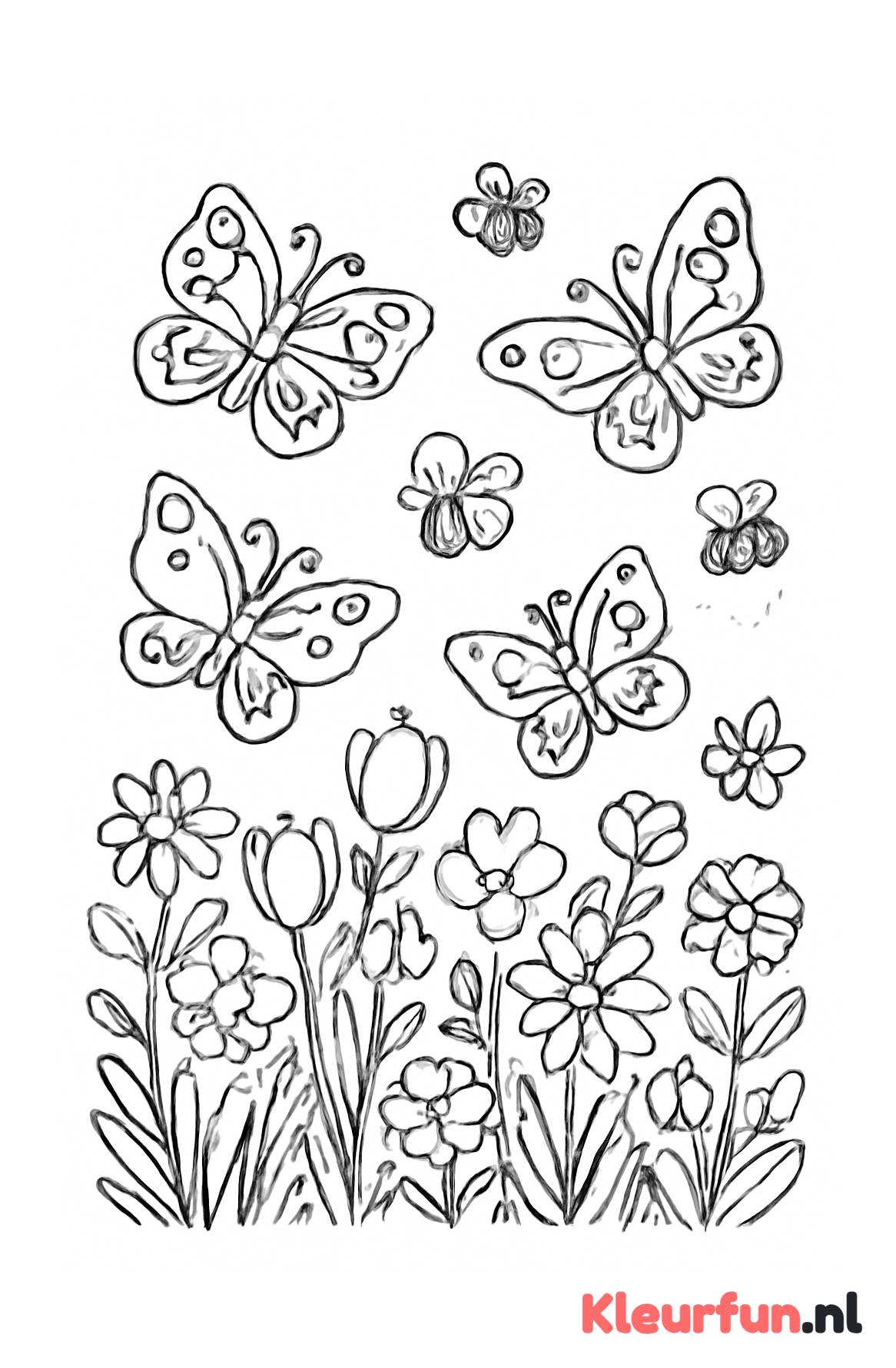 Veld met bloemen, vlinders en bijen