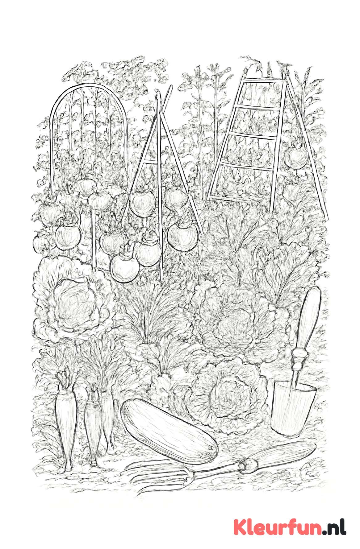 Moestuin met tuingereedschap en groenteplanten