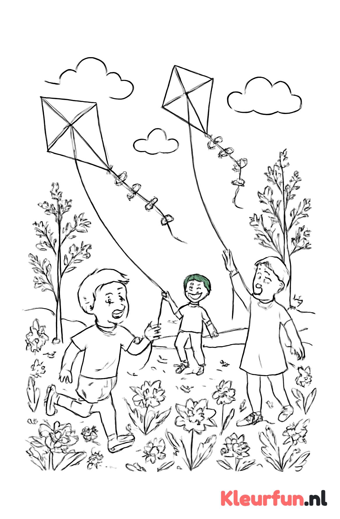 Kinderen met vliegers tussen bloemen en bomen