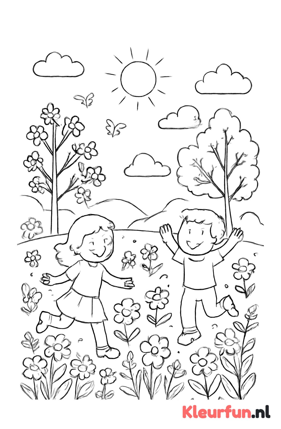 Voorjaarslandschap met spelende kinderen