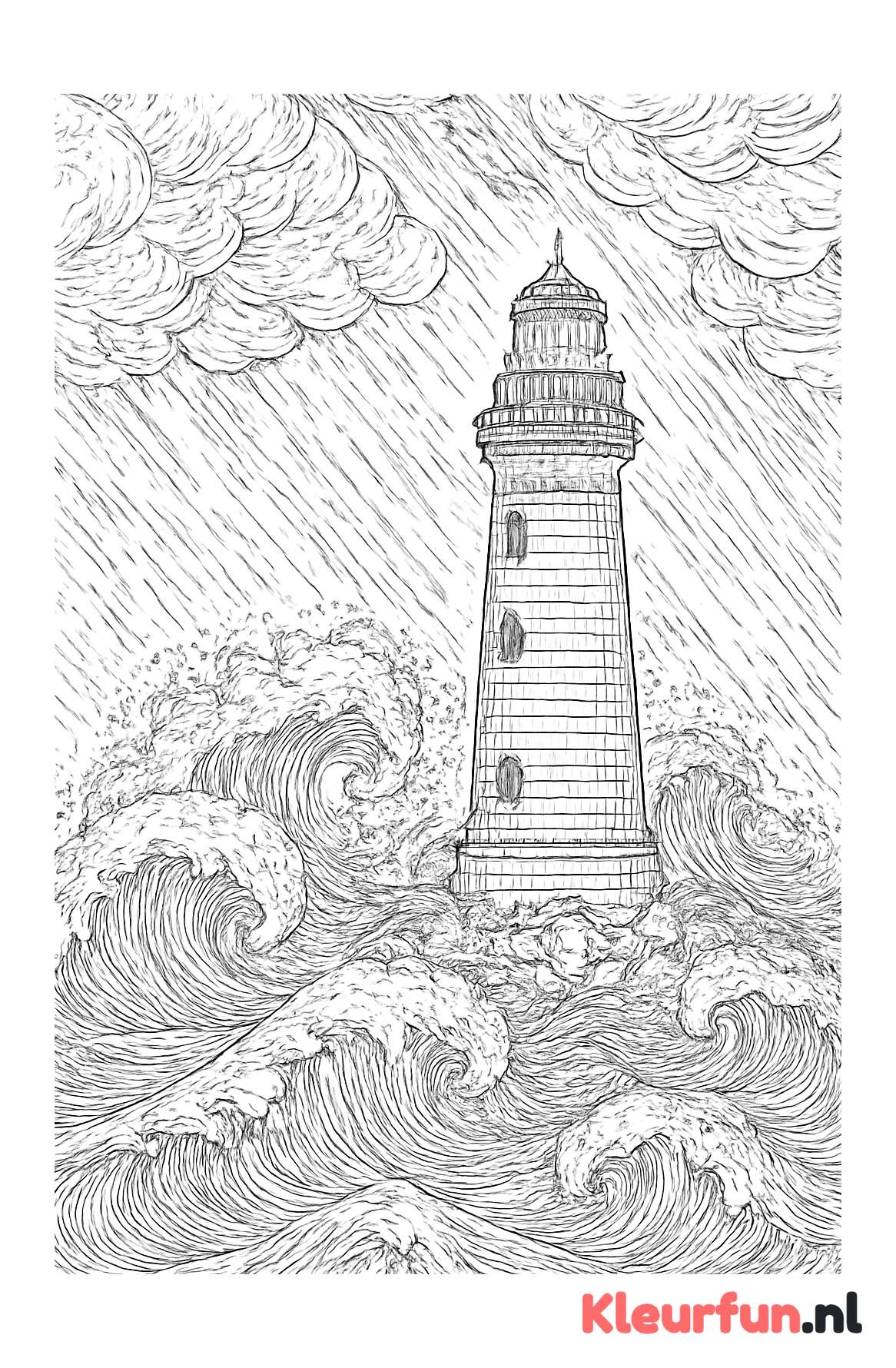 Vuurtoren in storm aan zee