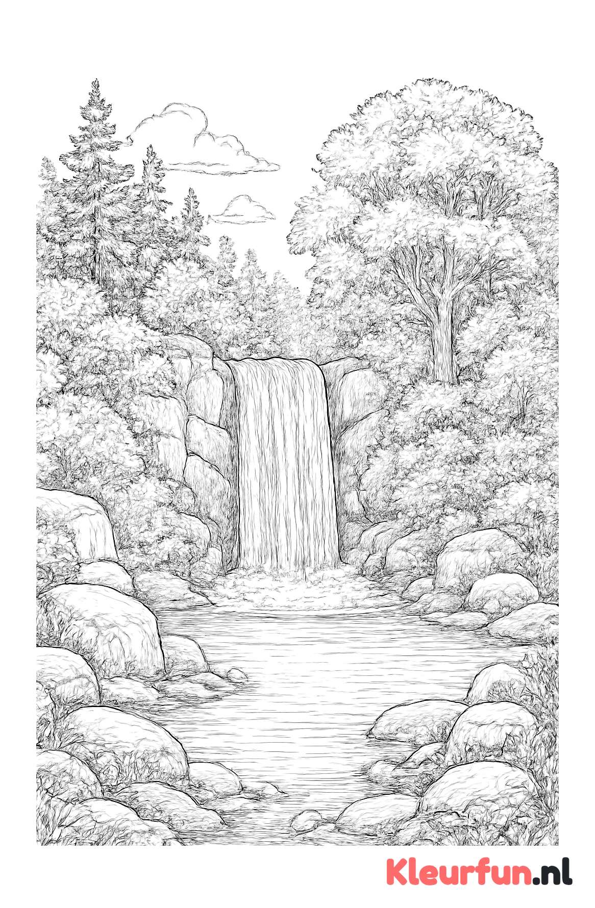 Waterval en vijver in bosrijke omgeving