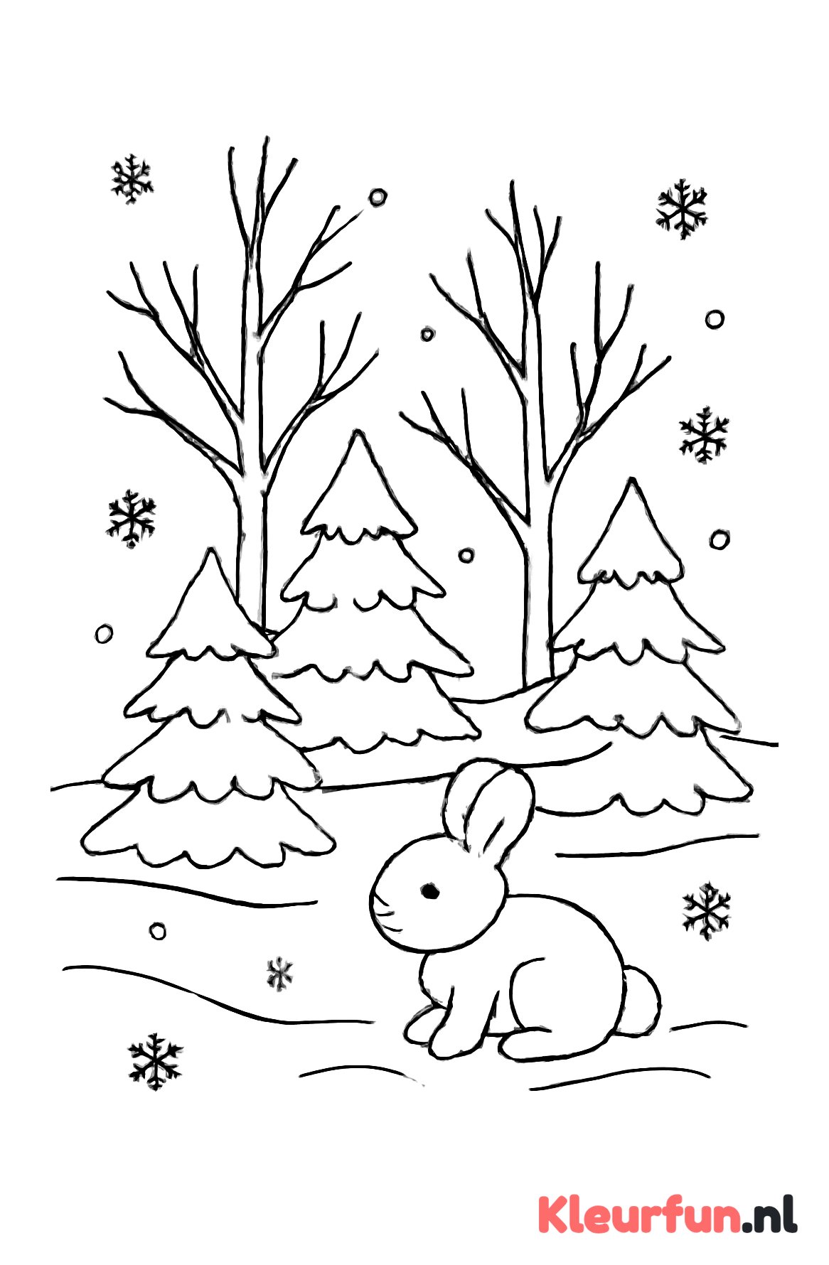 Winterbos met konijn en sneeuwvlokken