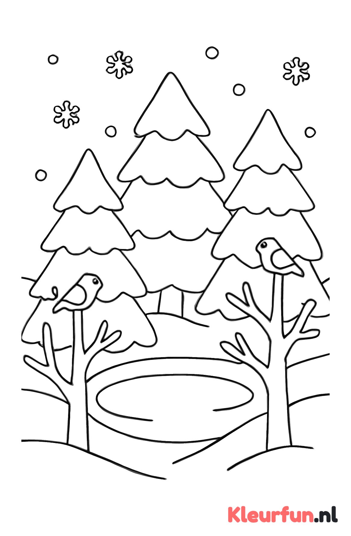 Winterbos met vijver en vogels