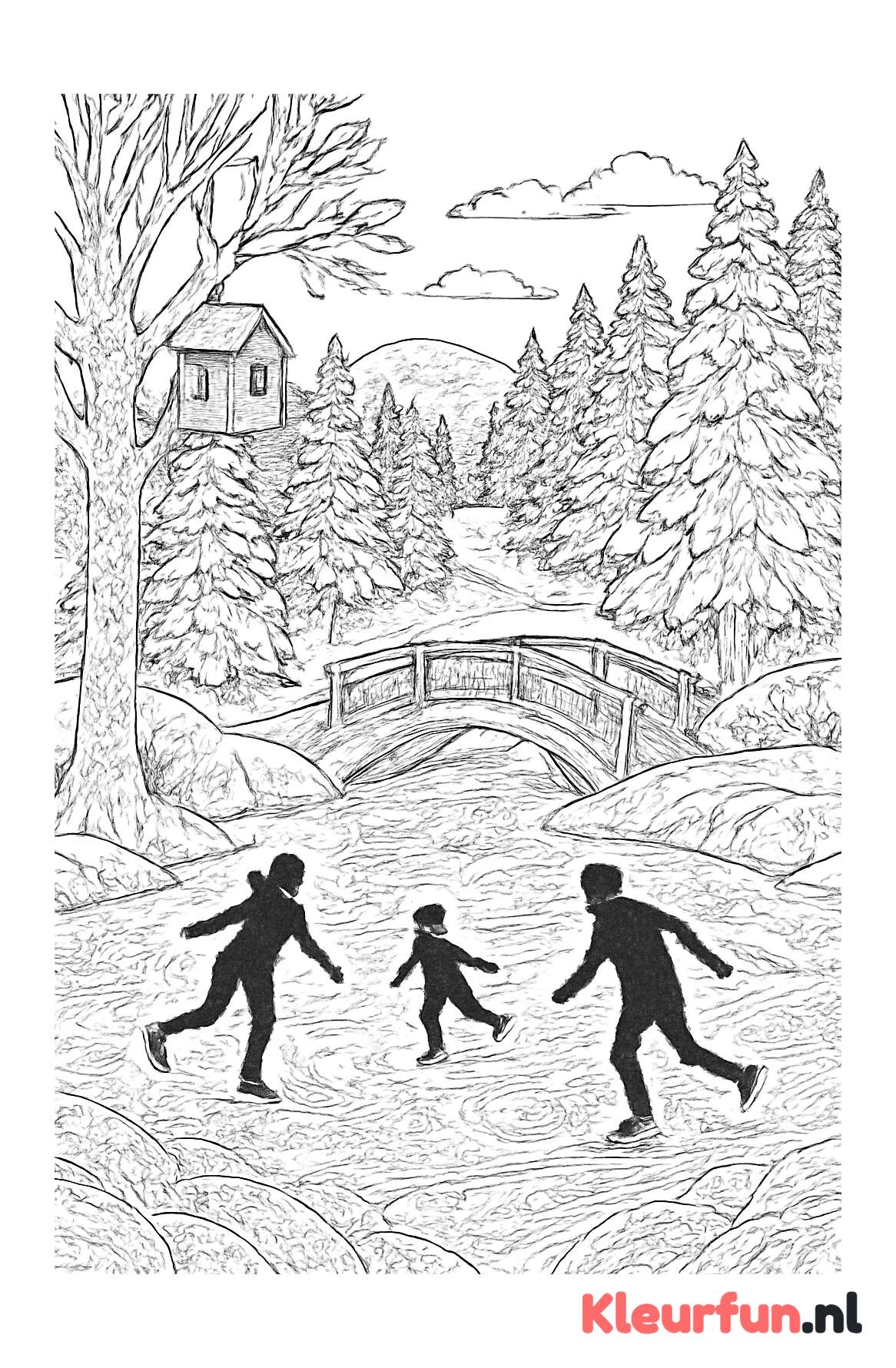 Winterlandschap met besneeuwd meer en schaatsers