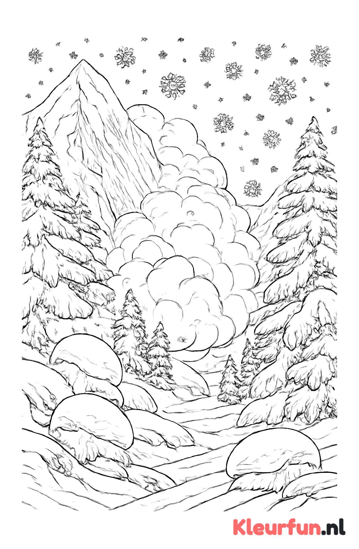 Winterlandschap met lawine en sneeuwvlokken