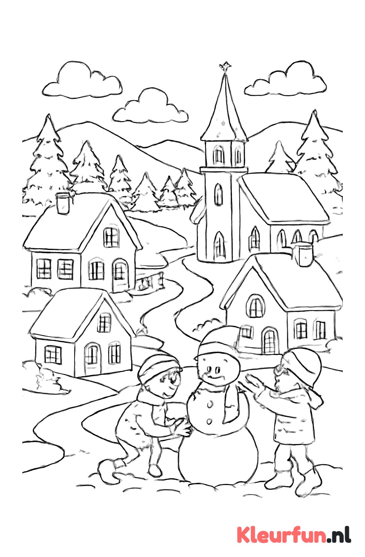 Winters dorpslandschap met sneeuwpoppen