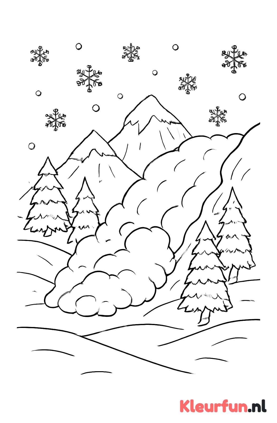 Winters landschap met beginnende lawine en sneeuwvlokken